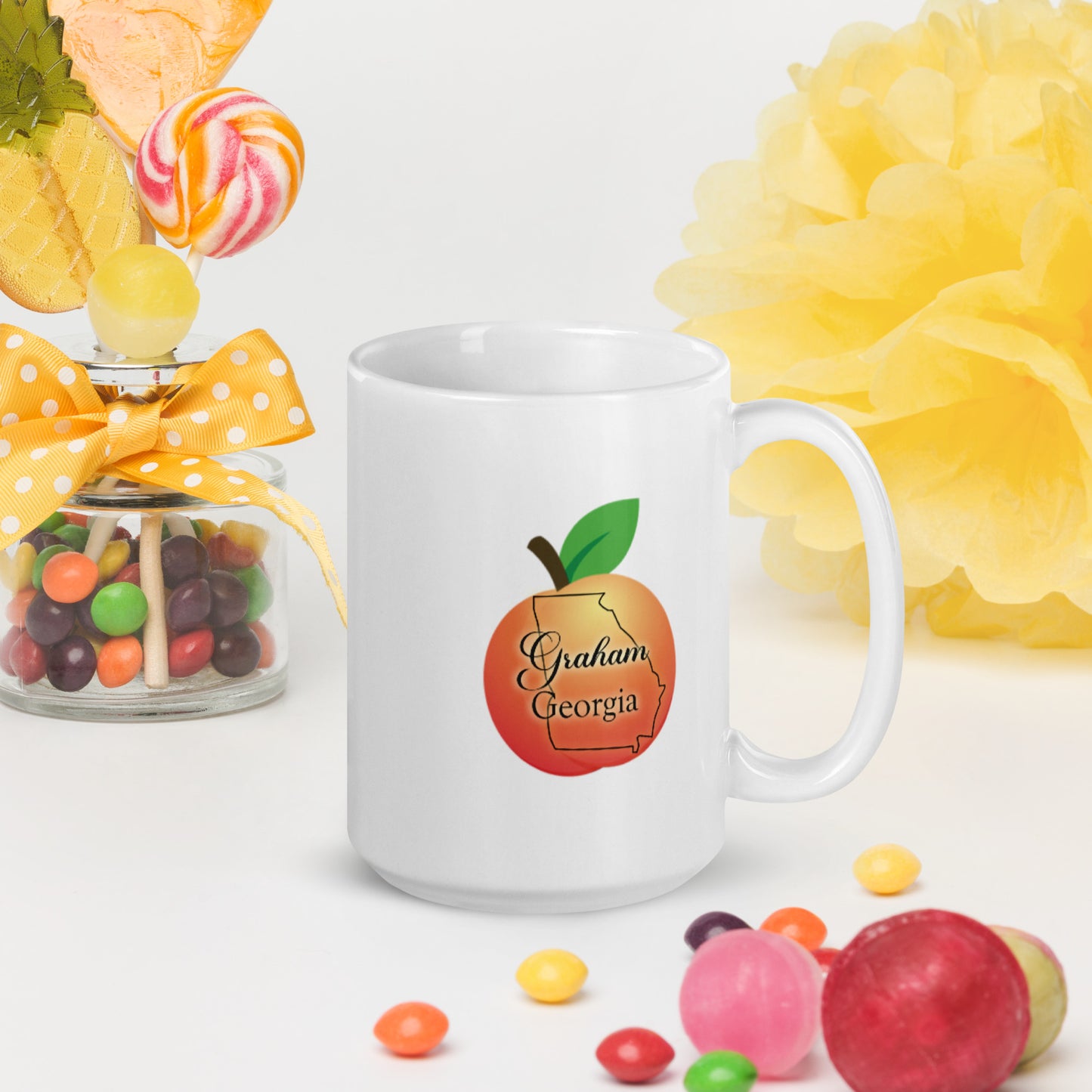 Graham Georgia State Outline on Peach White Glossy Ceramic Mug 11 oz and 15 oz