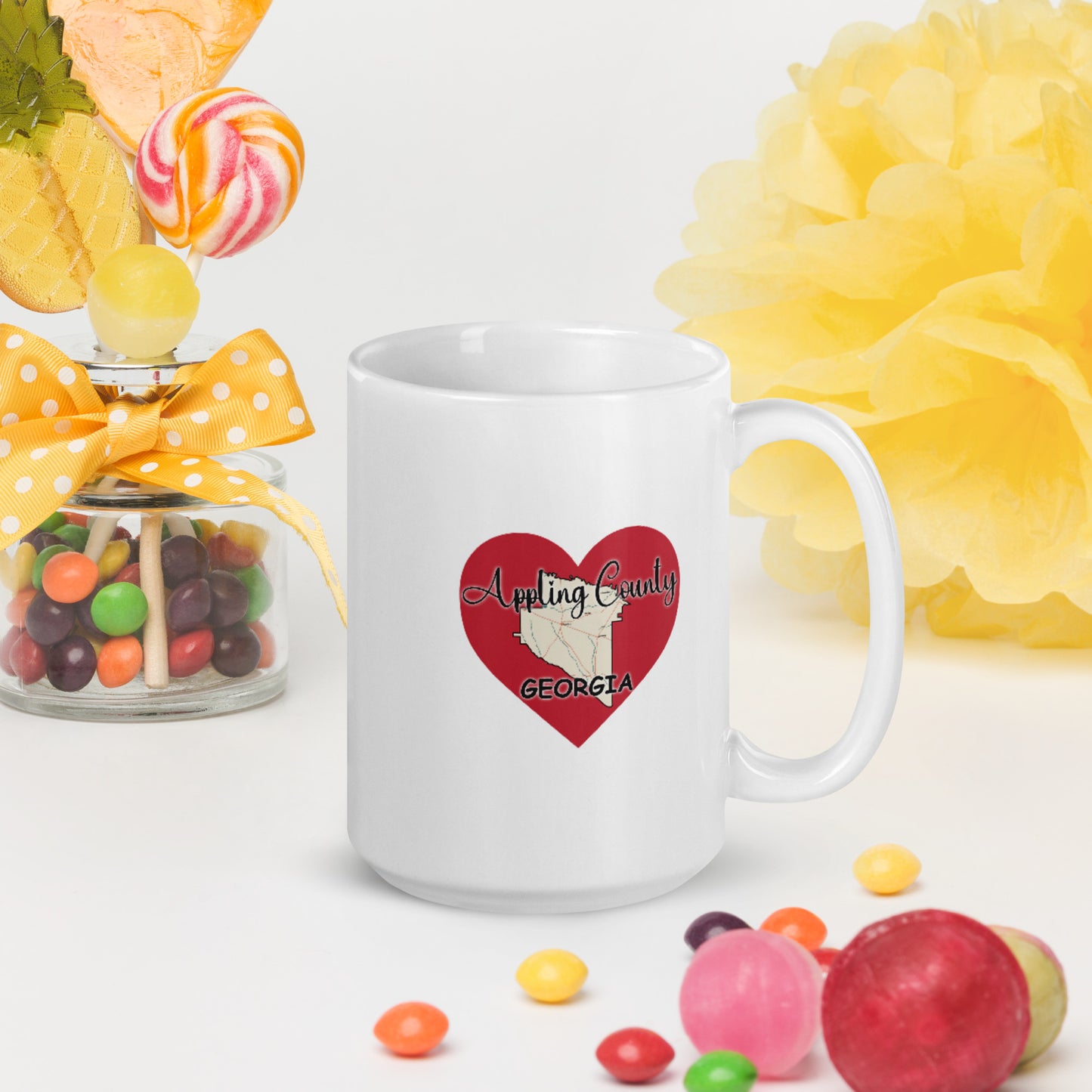 Appling County Georgia Map on Large Heart White Glossy Ceramic Coffee Mug 11 oz and 15 oz