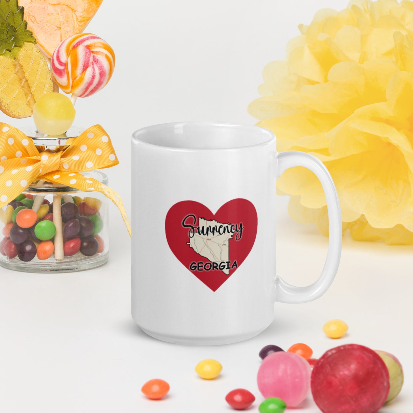 Surrency Georgia County Map on Large Heart White Glossy Ceramic Mug 11 oz and 15 oz