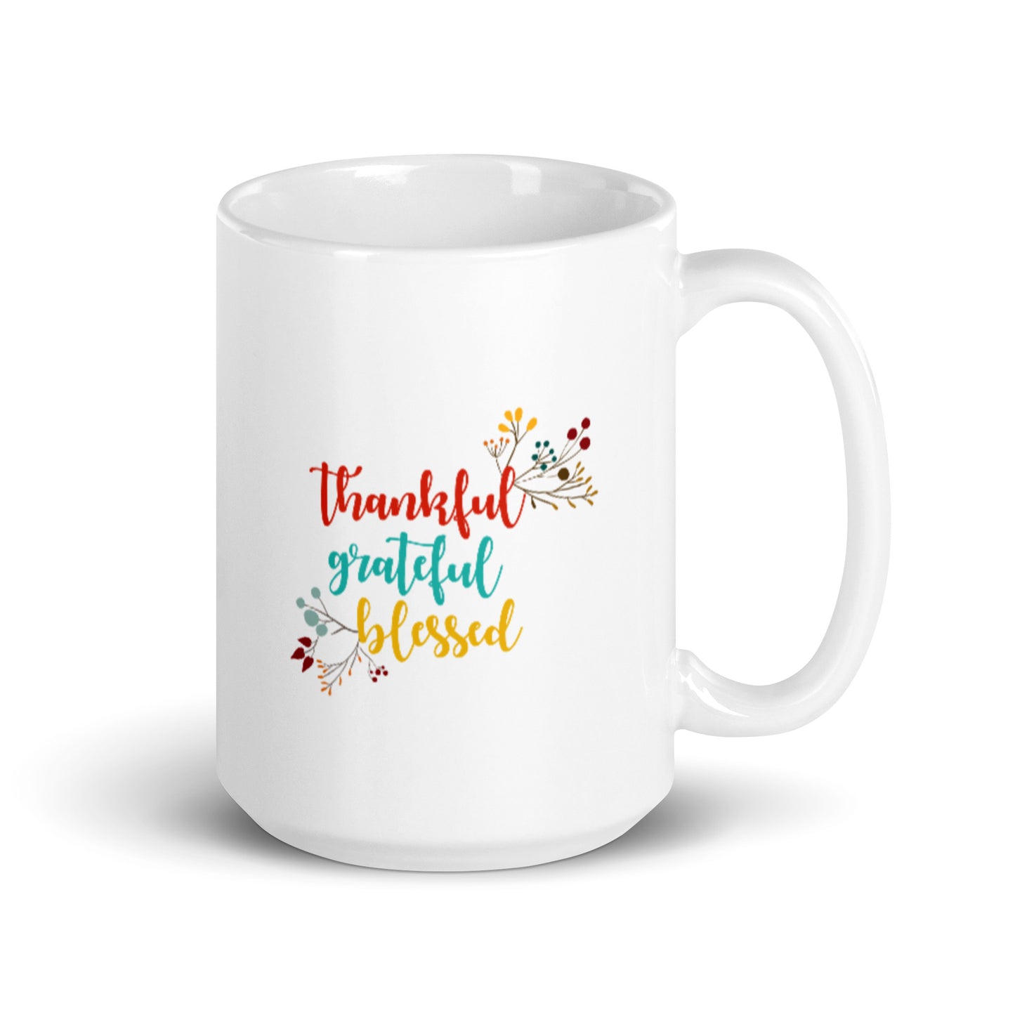 Thankful Grateful Blessed White glossy mug