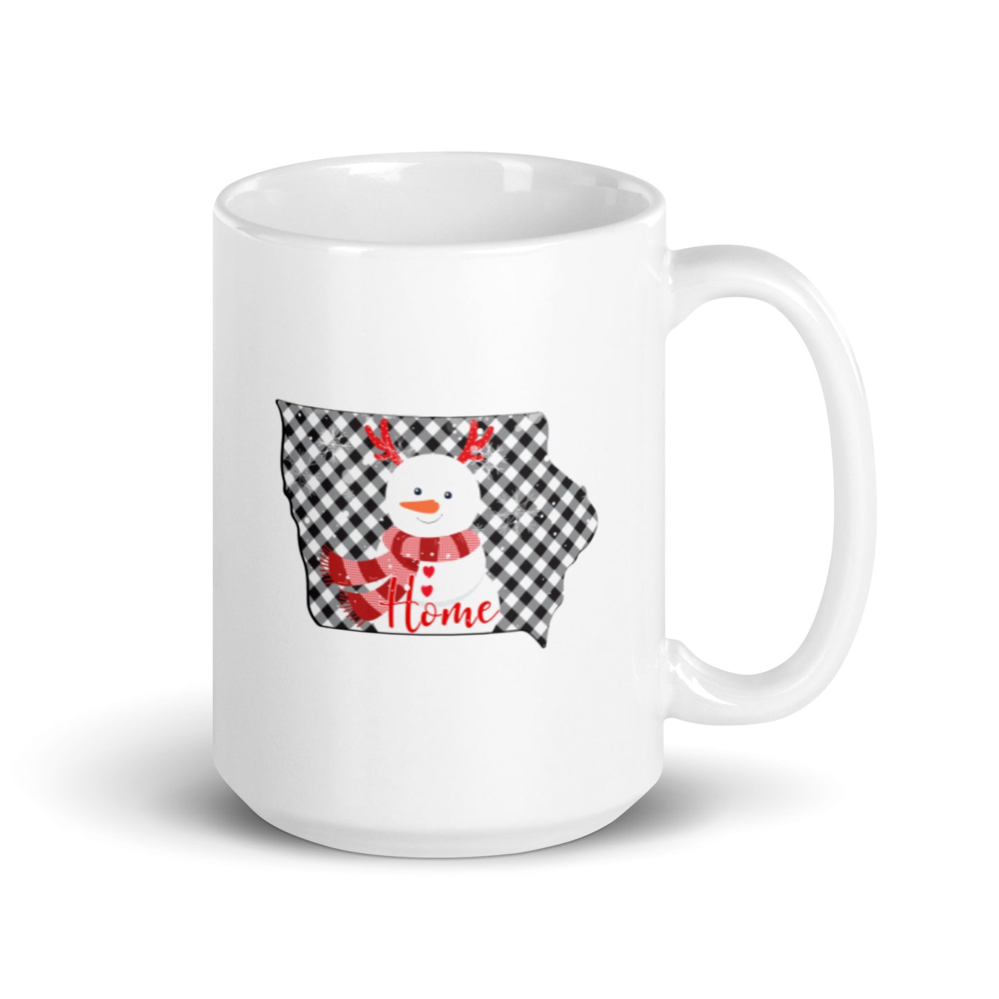 Iowa Gingham Snowman White glossy mug