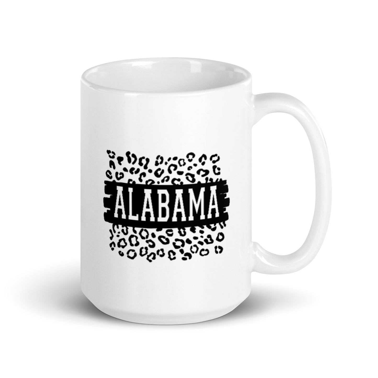 Alabama on Black Band on Leopard Print White Glossy Ceramic Mug