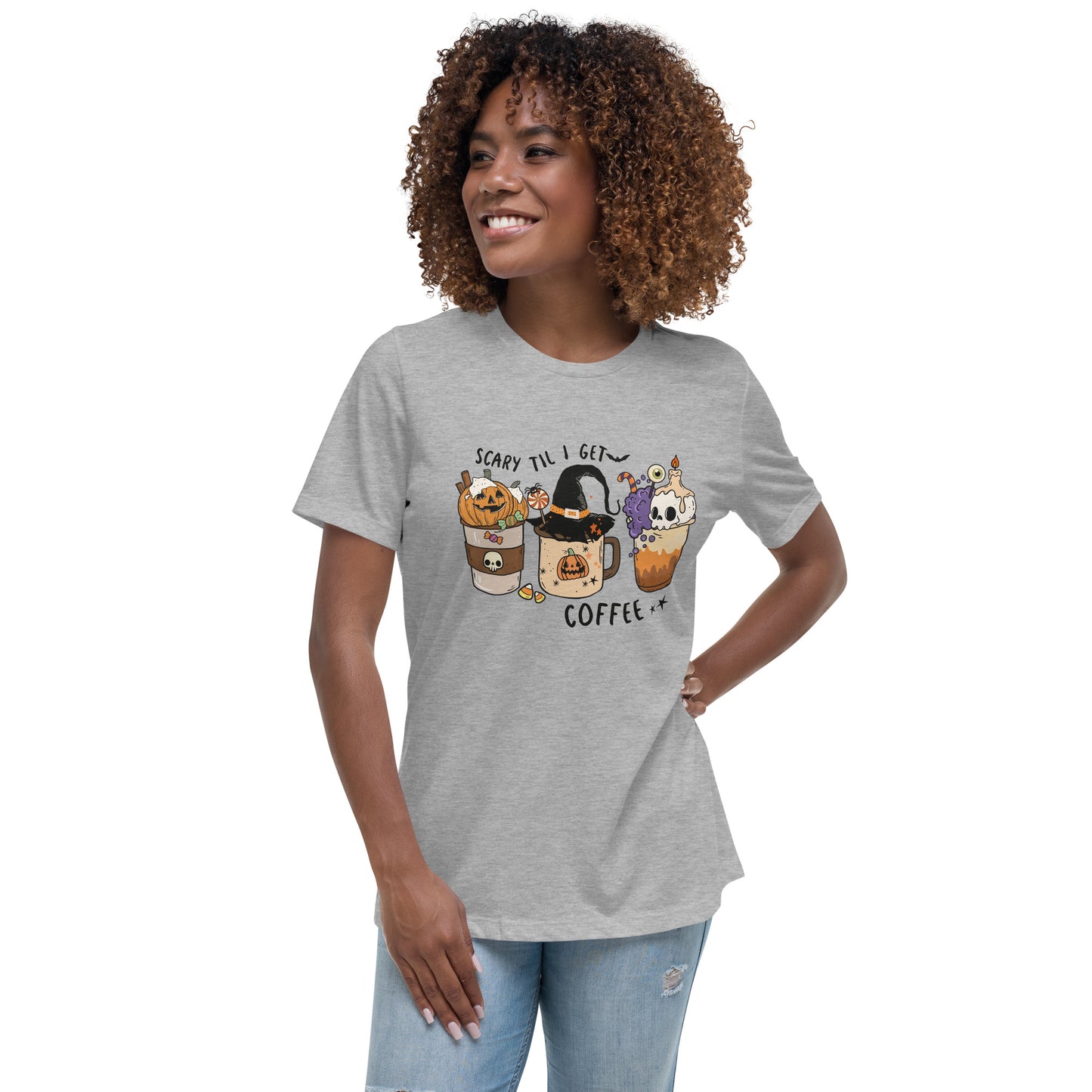 Scary Til I Get Coffee Women's Relaxed T-Shirt Tee Tshirt