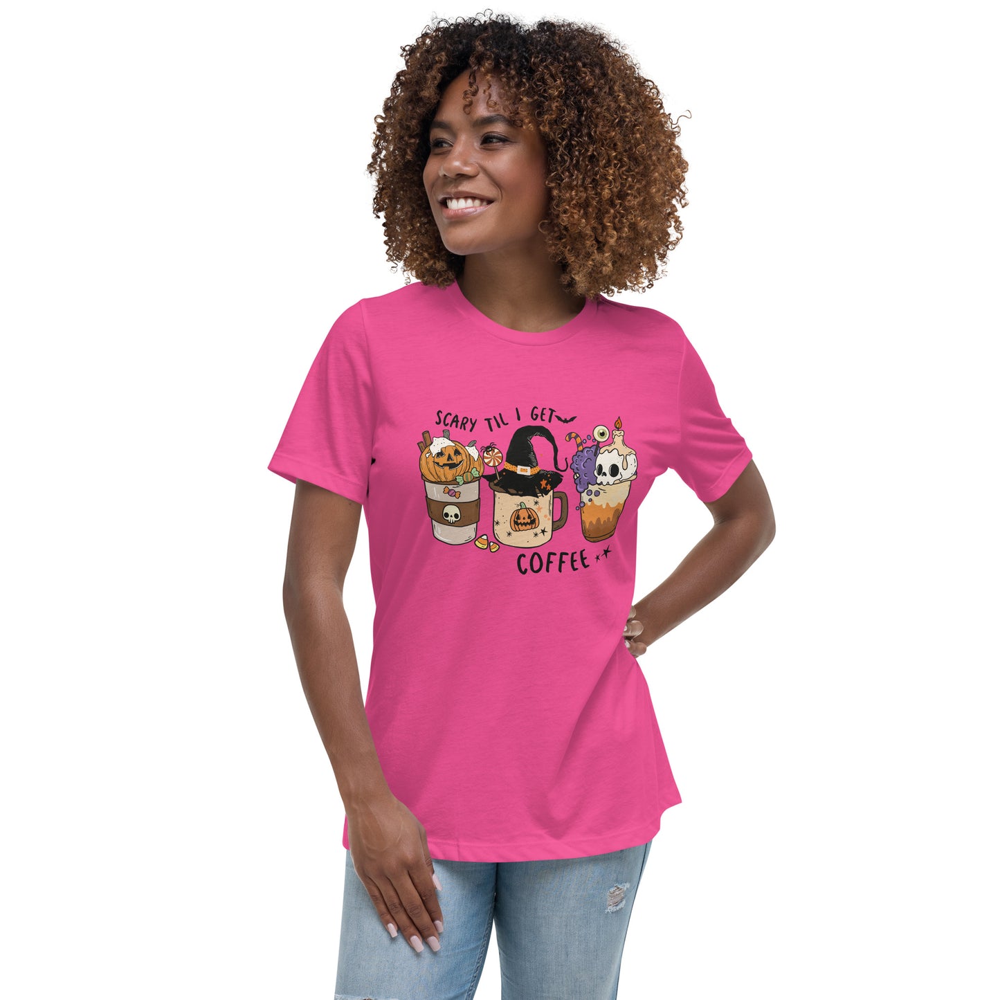 Scary Til I Get Coffee Women's Relaxed T-Shirt Tee Tshirt