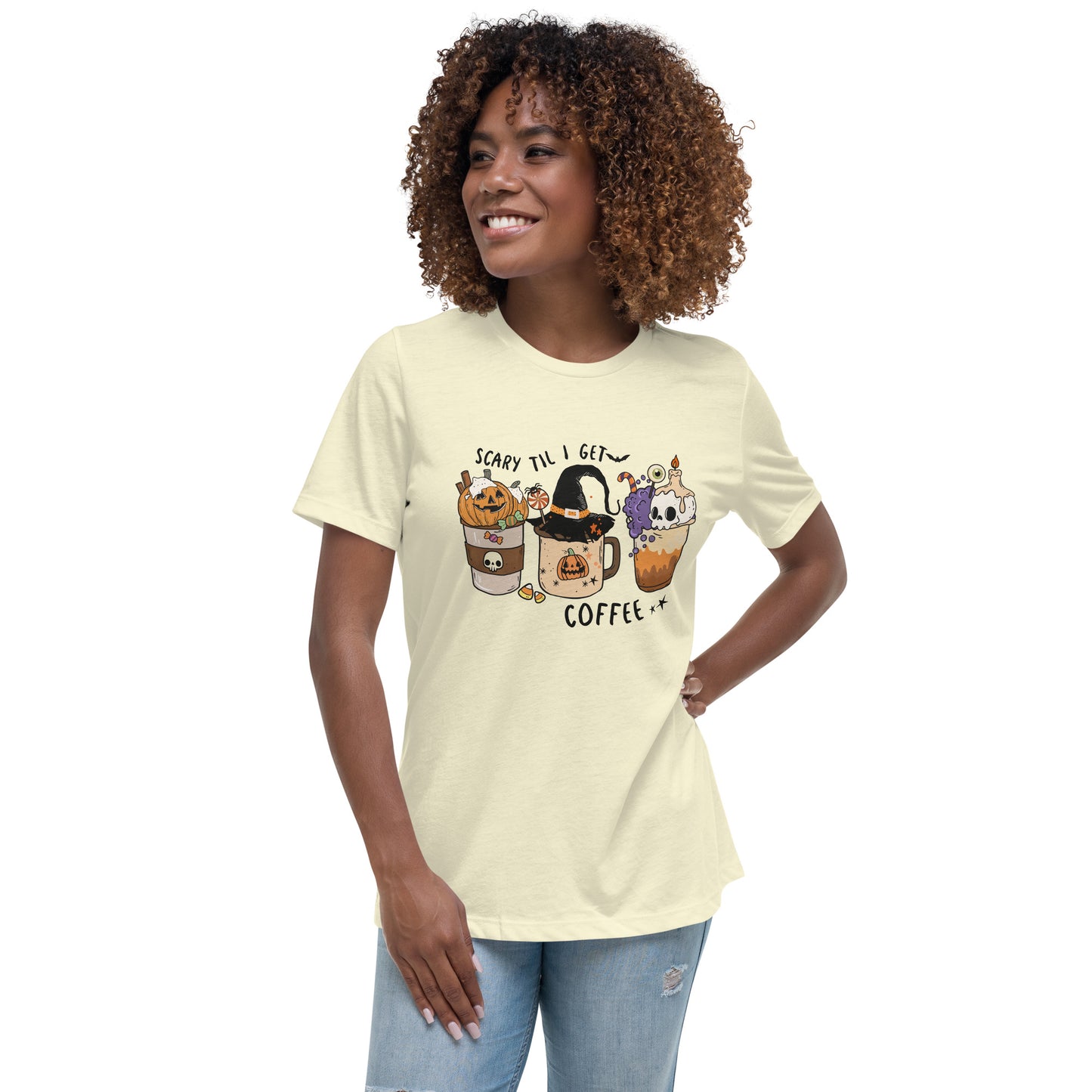 Scary Til I Get Coffee Women's Relaxed T-Shirt Tee Tshirt