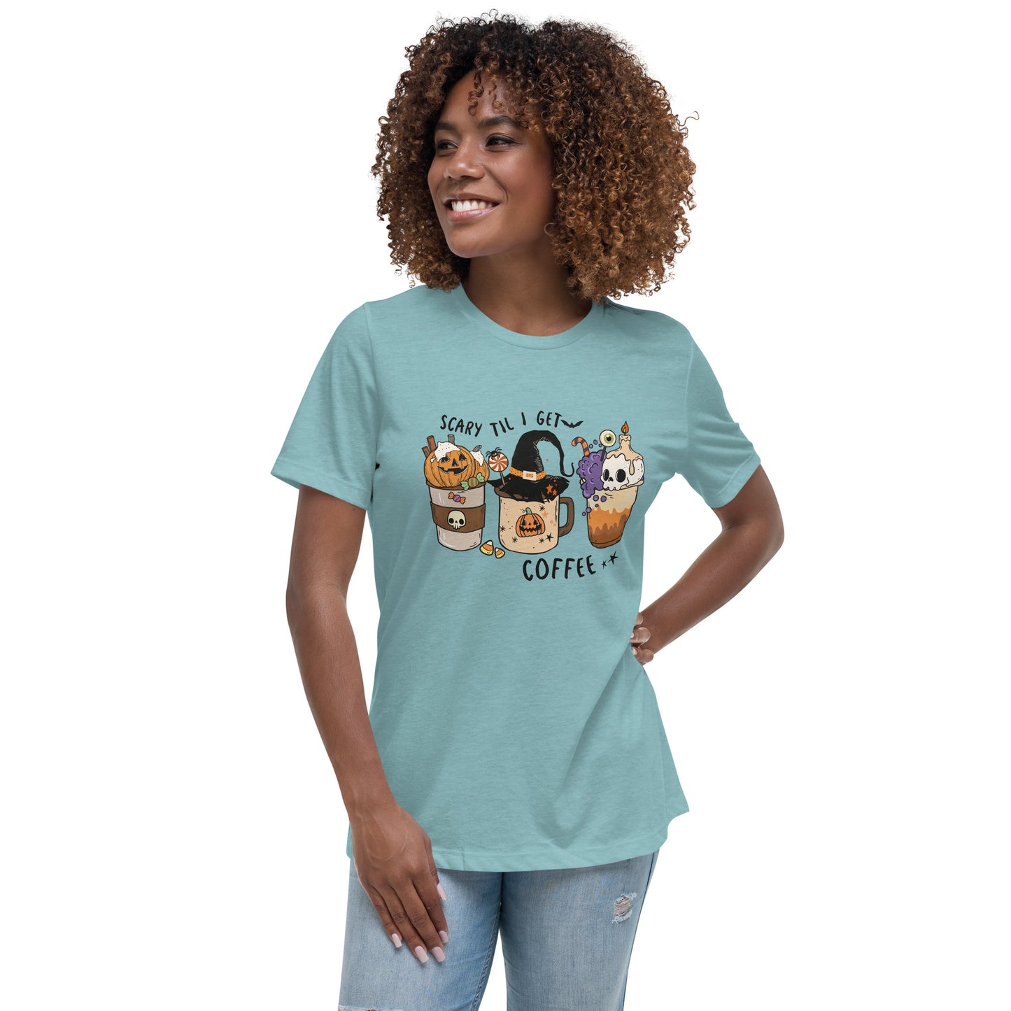 Scary Til I Get Coffee Women's Relaxed T-Shirt Tee Tshirt