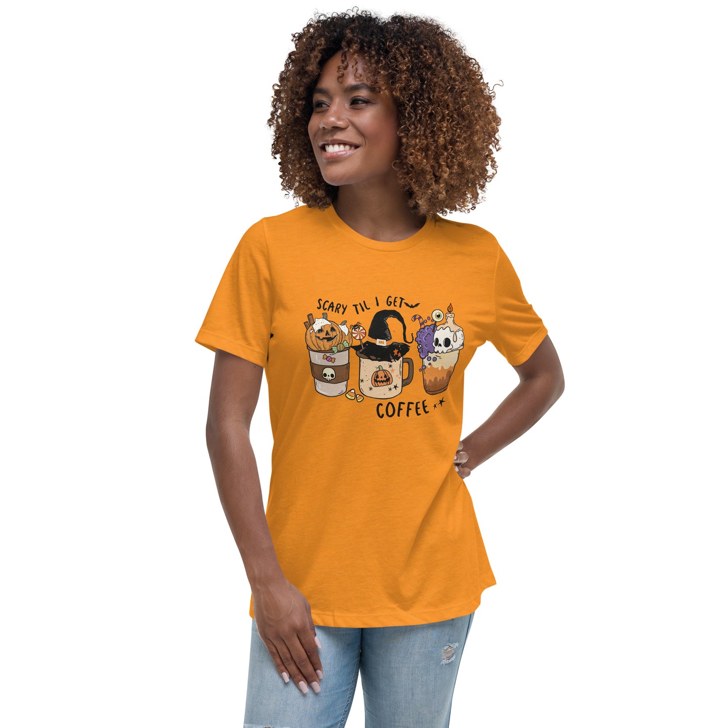Scary Til I Get Coffee Women's Relaxed T-Shirt Tee Tshirt
