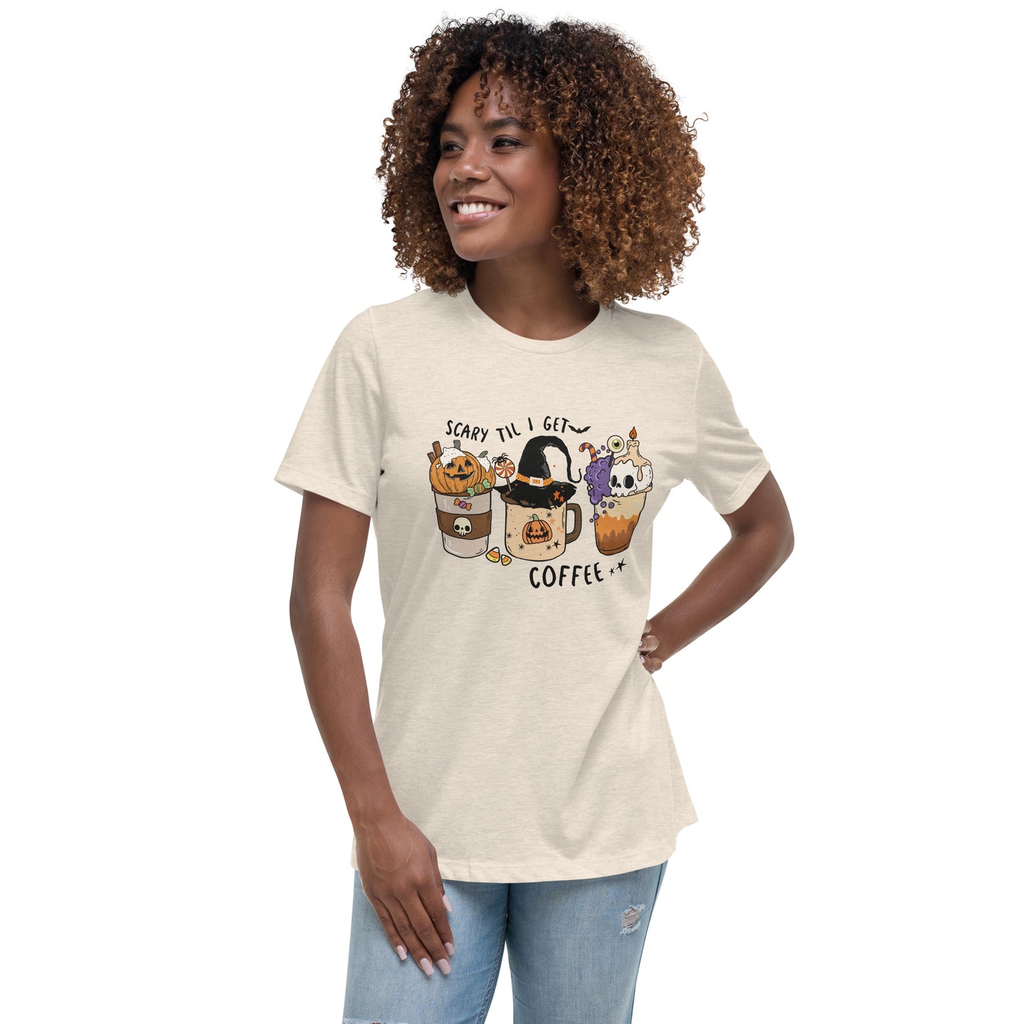 Scary Til I Get Coffee Women's Relaxed T-Shirt Tee Tshirt