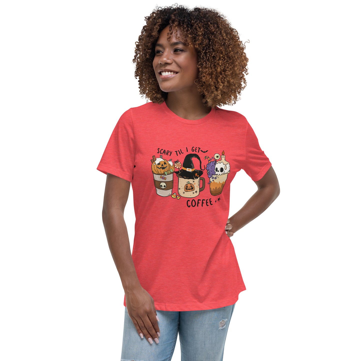 Scary Til I Get Coffee Women's Relaxed T-Shirt Tee Tshirt