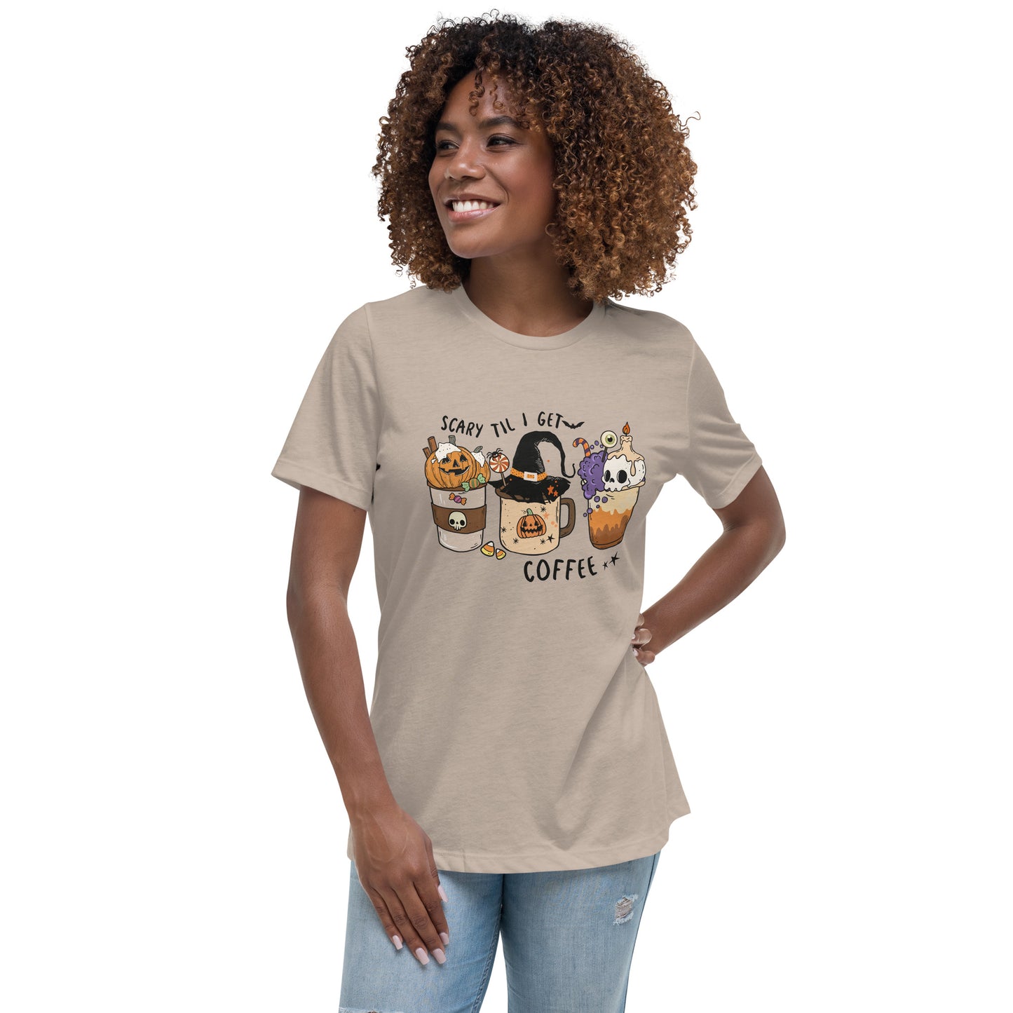 Scary Til I Get Coffee Women's Relaxed T-Shirt Tee Tshirt