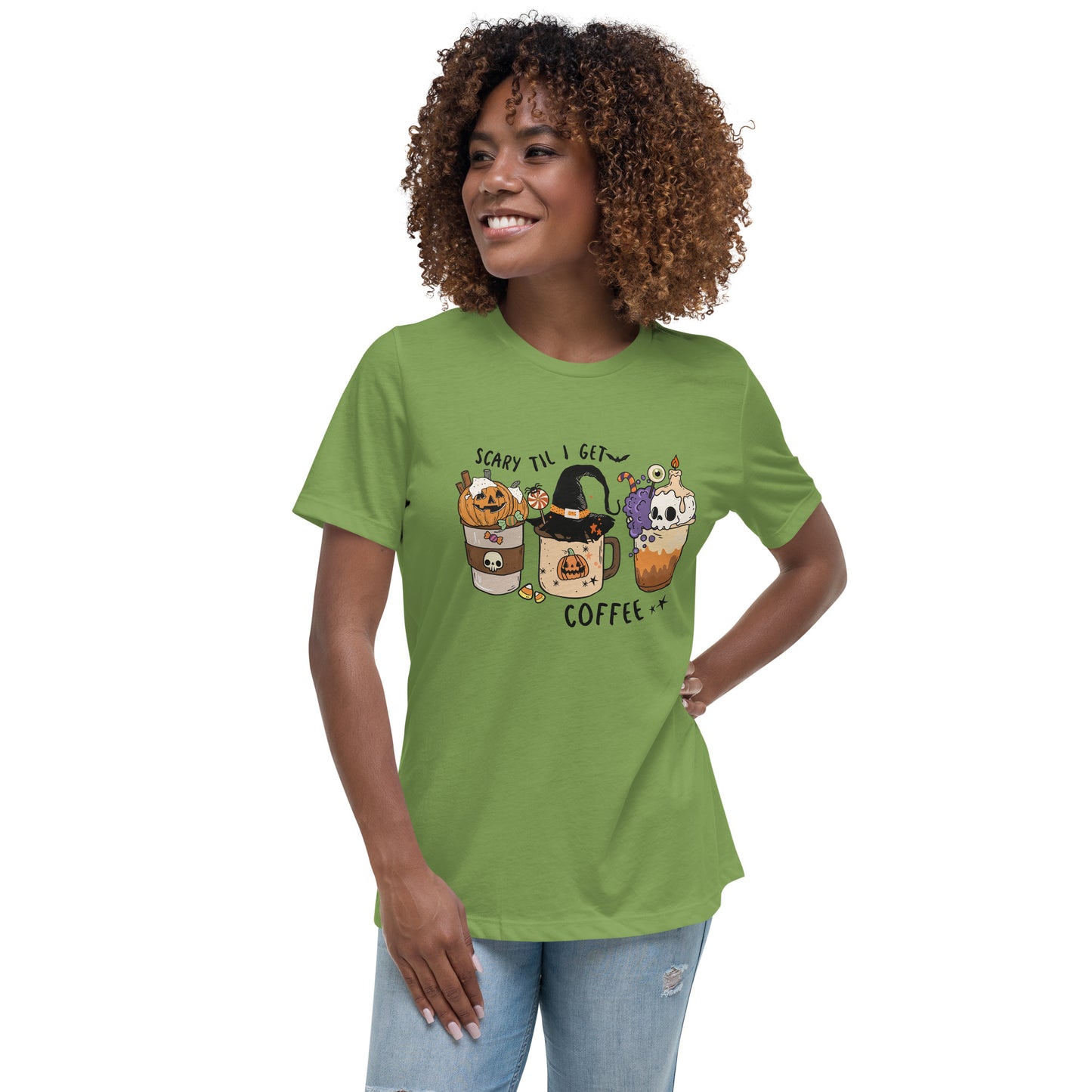 Scary Til I Get Coffee Women's Relaxed T-Shirt Tee Tshirt