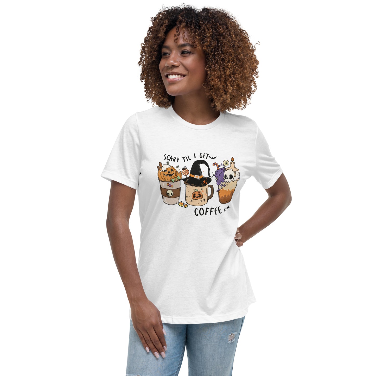 Scary Til I Get Coffee Women's Relaxed T-Shirt Tee Tshirt