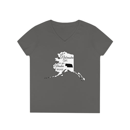 Just a Nebraska Girl in an Alaska World Ladies' V-Neck T-Shirt