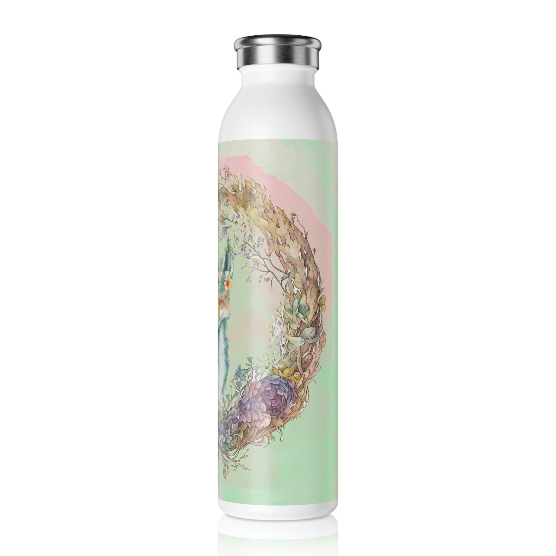 Spring Fox in Flower Wreath Watercolor Slim Water Bottle