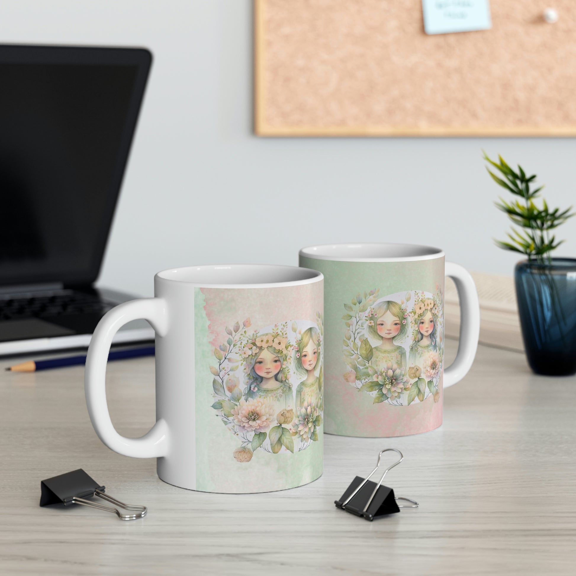 Girls in Spring Flowers Watercolor Ceramic Mug 11oz