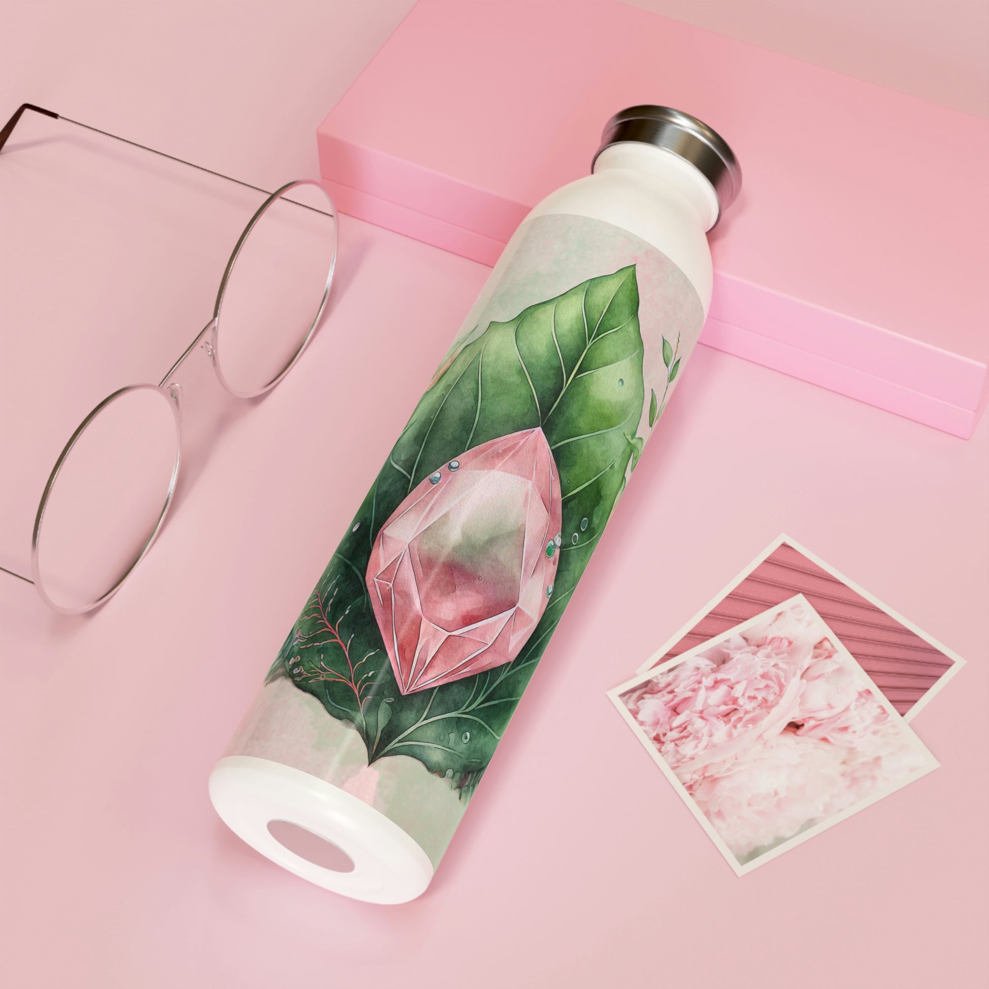 Pink Crystal on Green Leaves Watercolor Slim Water Bottle