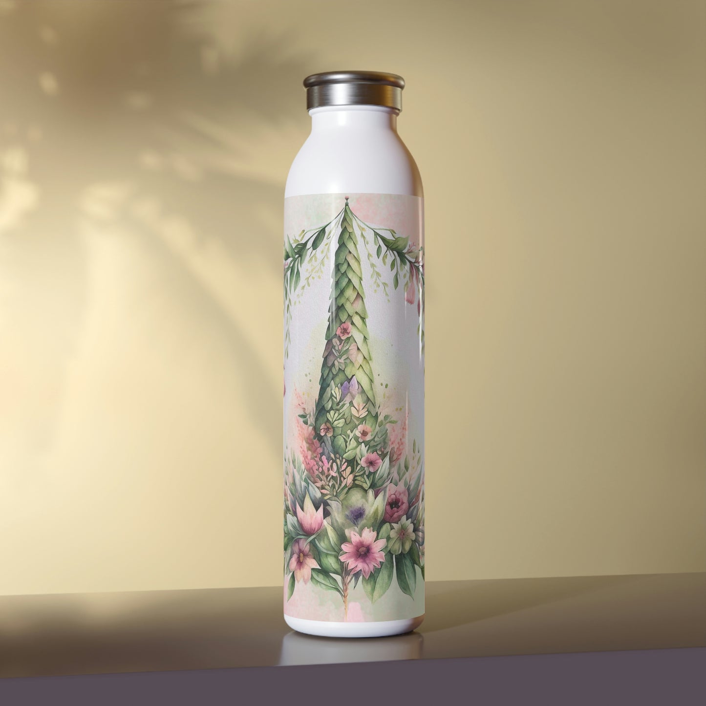 Spring Topiary Flowers Watercolor Slim Water Bottle