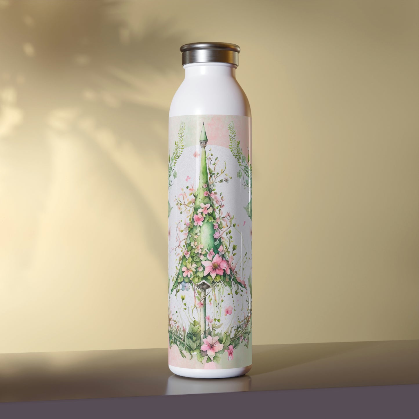 Spring Topiary Flowers Watercolor Slim Water Bottle