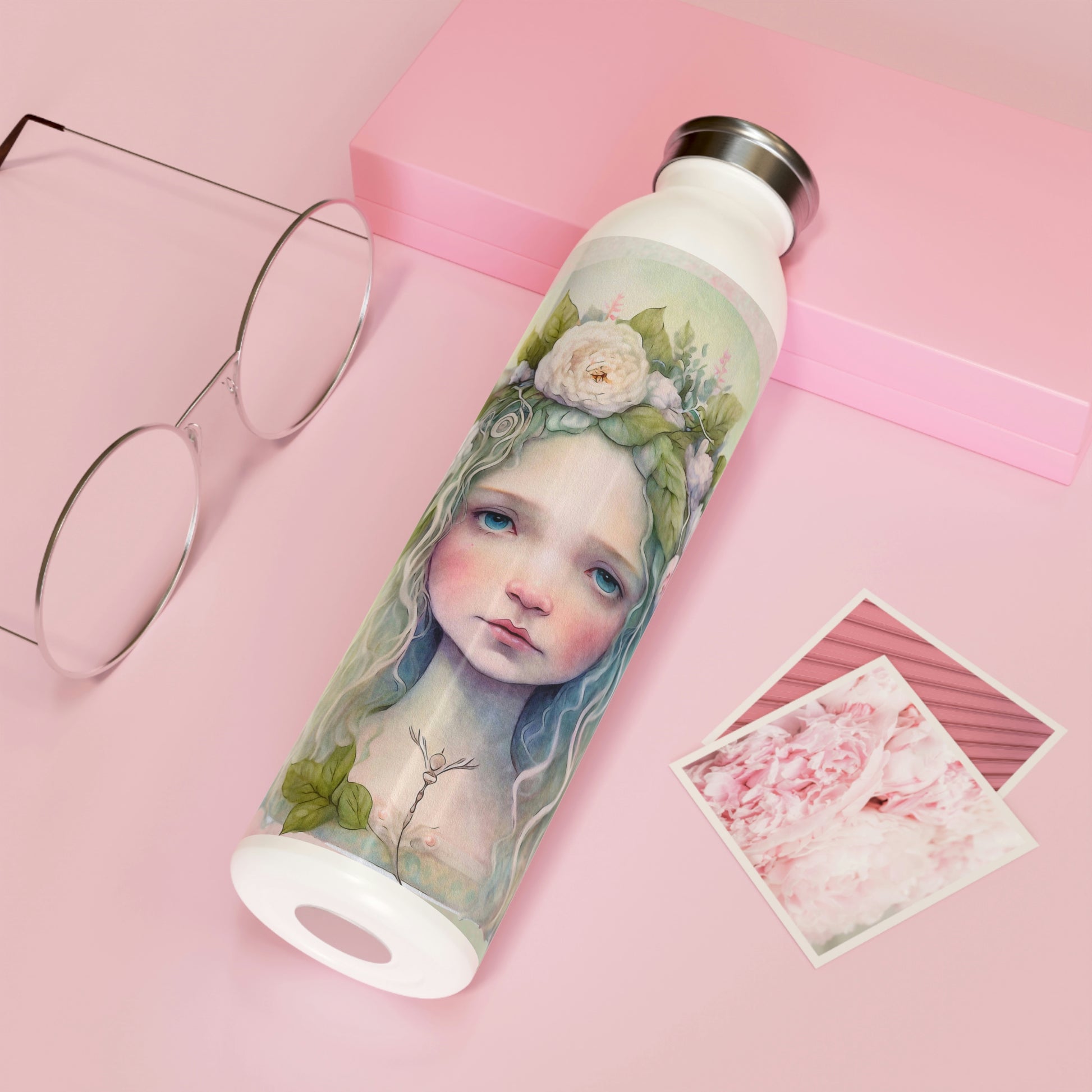 Girl Spring Flowers Watercolor Slim Water Bottle