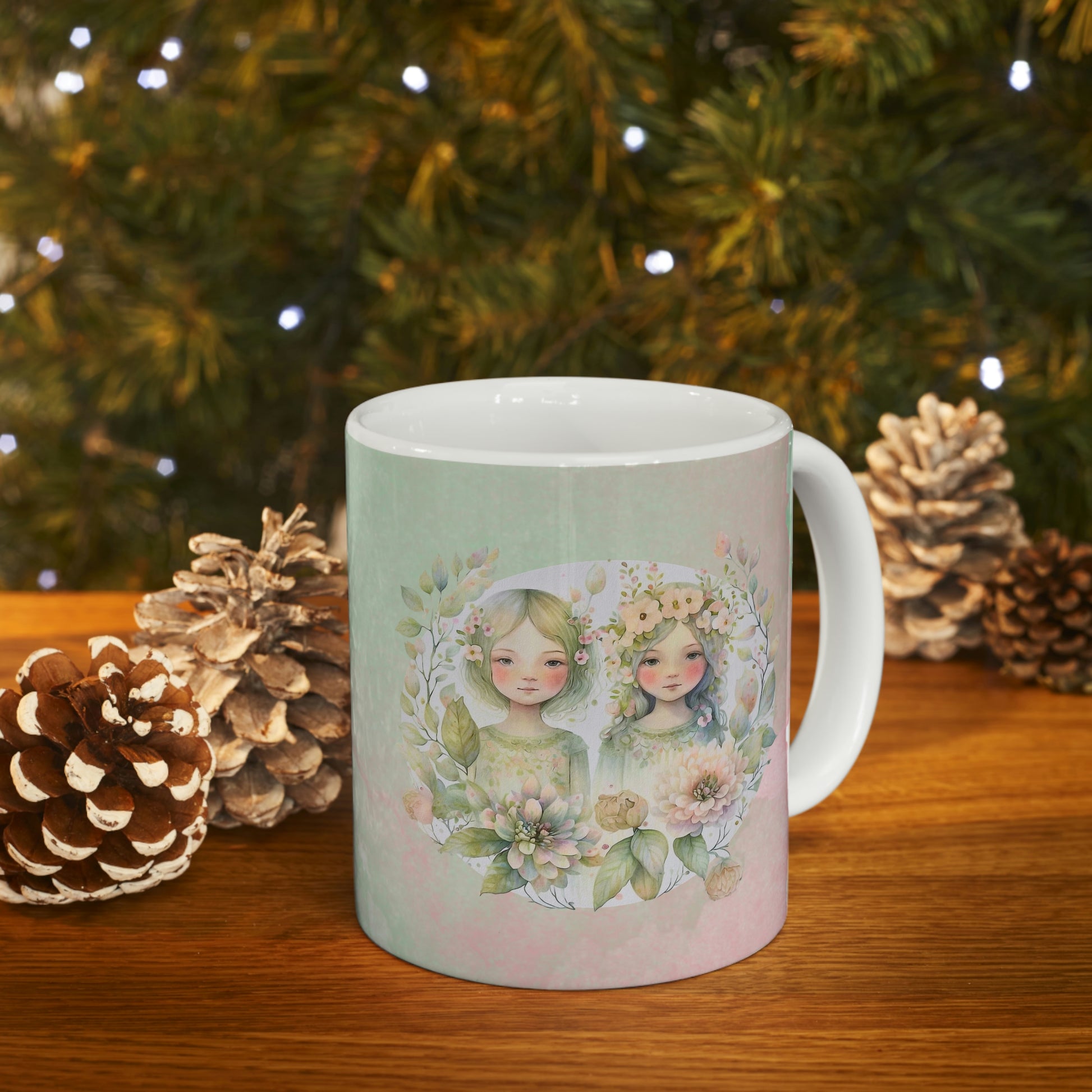 Girls in Spring Flowers Watercolor Ceramic Mug 11oz