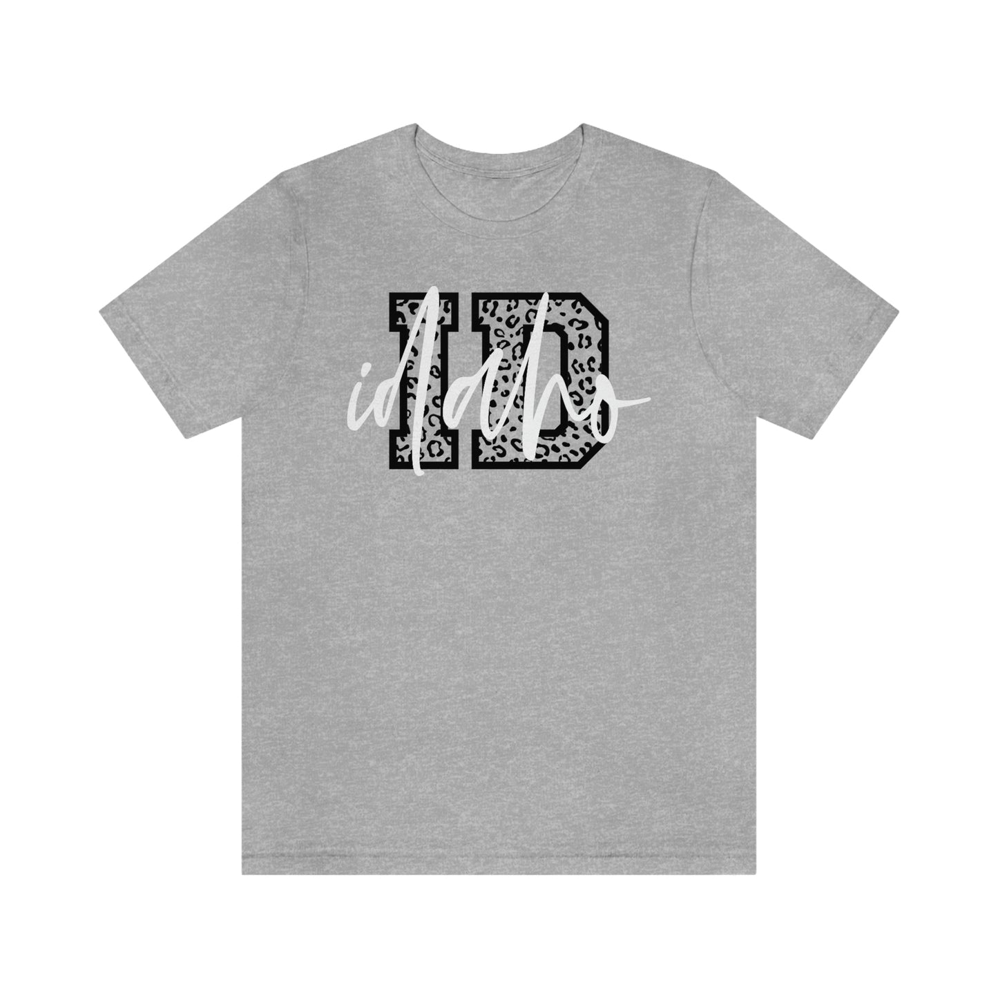Idaho ID Leopard Print Letters White Script Short Sleeve T-shirt
