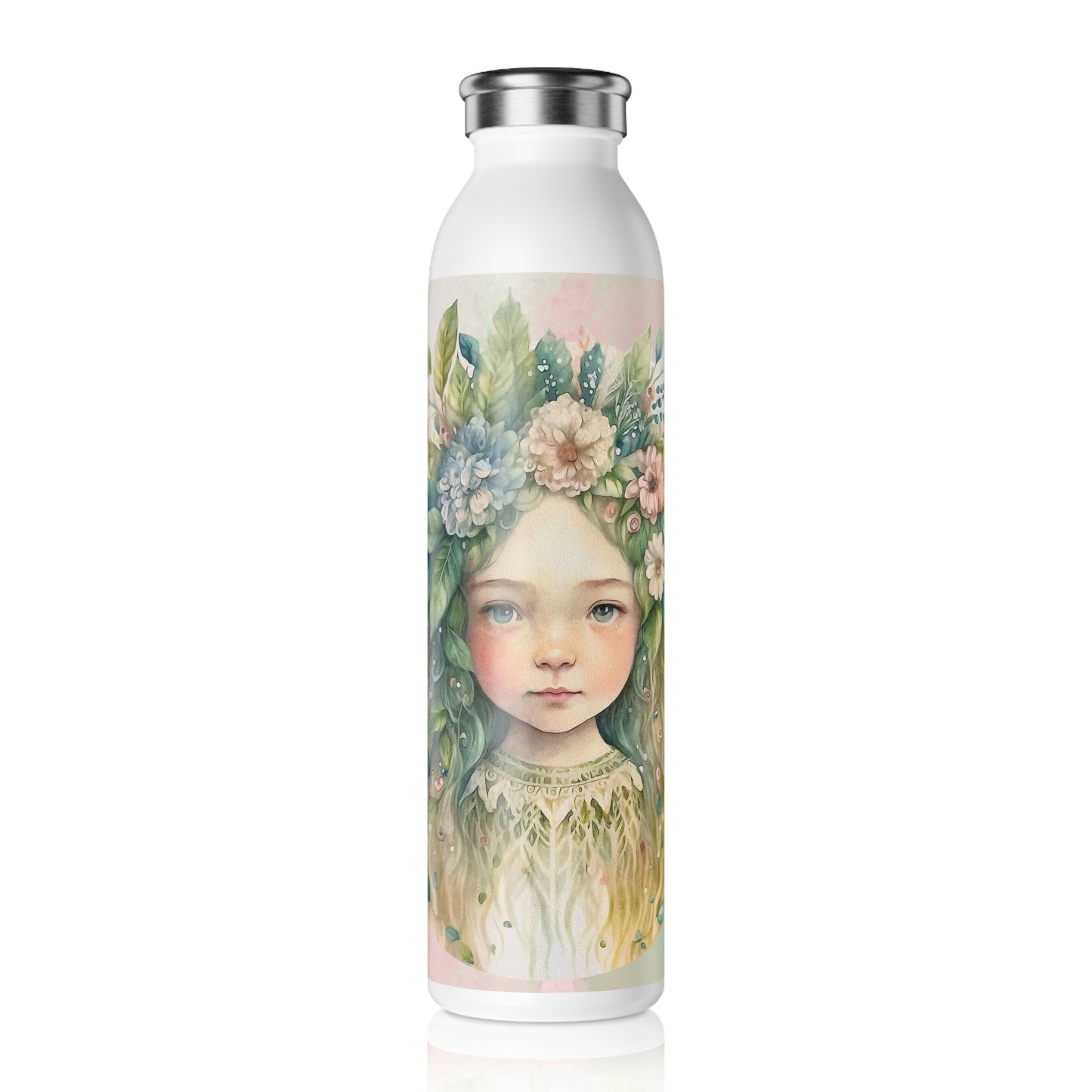 Girl Spring Flowers Watercolor Slim Water Bottle