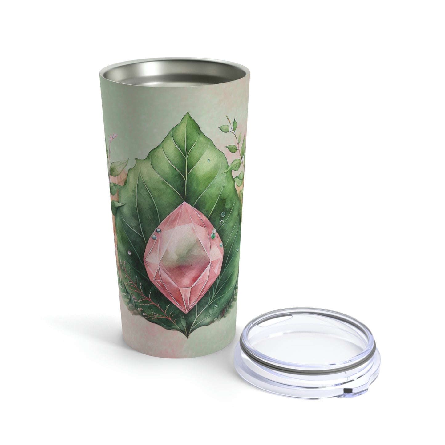 Pink Crystal on Green Leaves Watercolor Tumbler 20oz