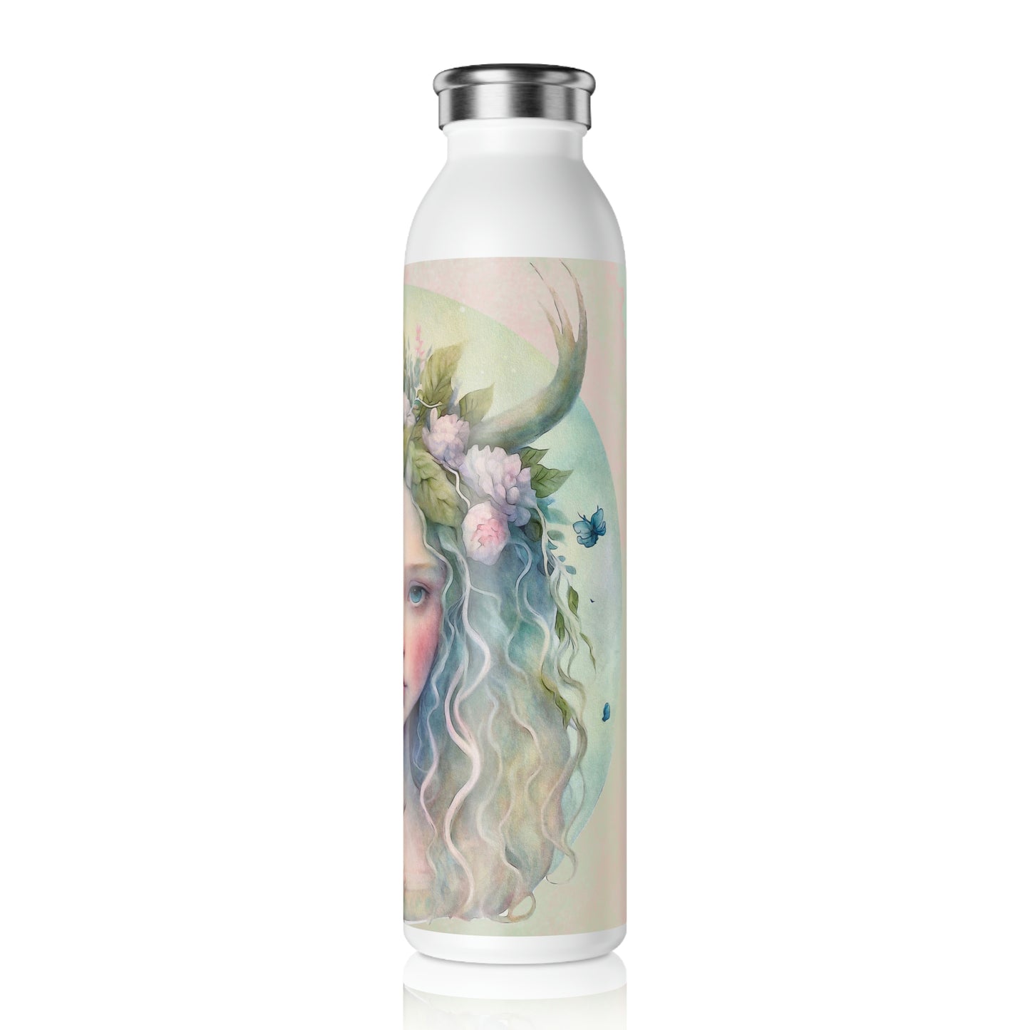 Girl Spring Flowers Watercolor Slim Water Bottle