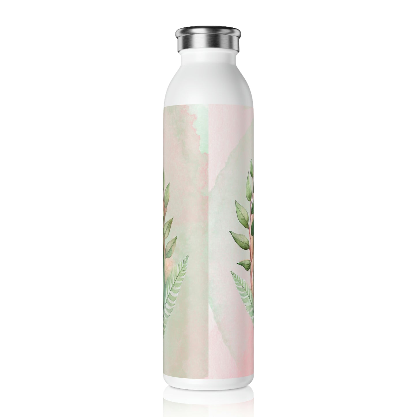 Pink Crystal on Green Leaves Watercolor Slim Water Bottle