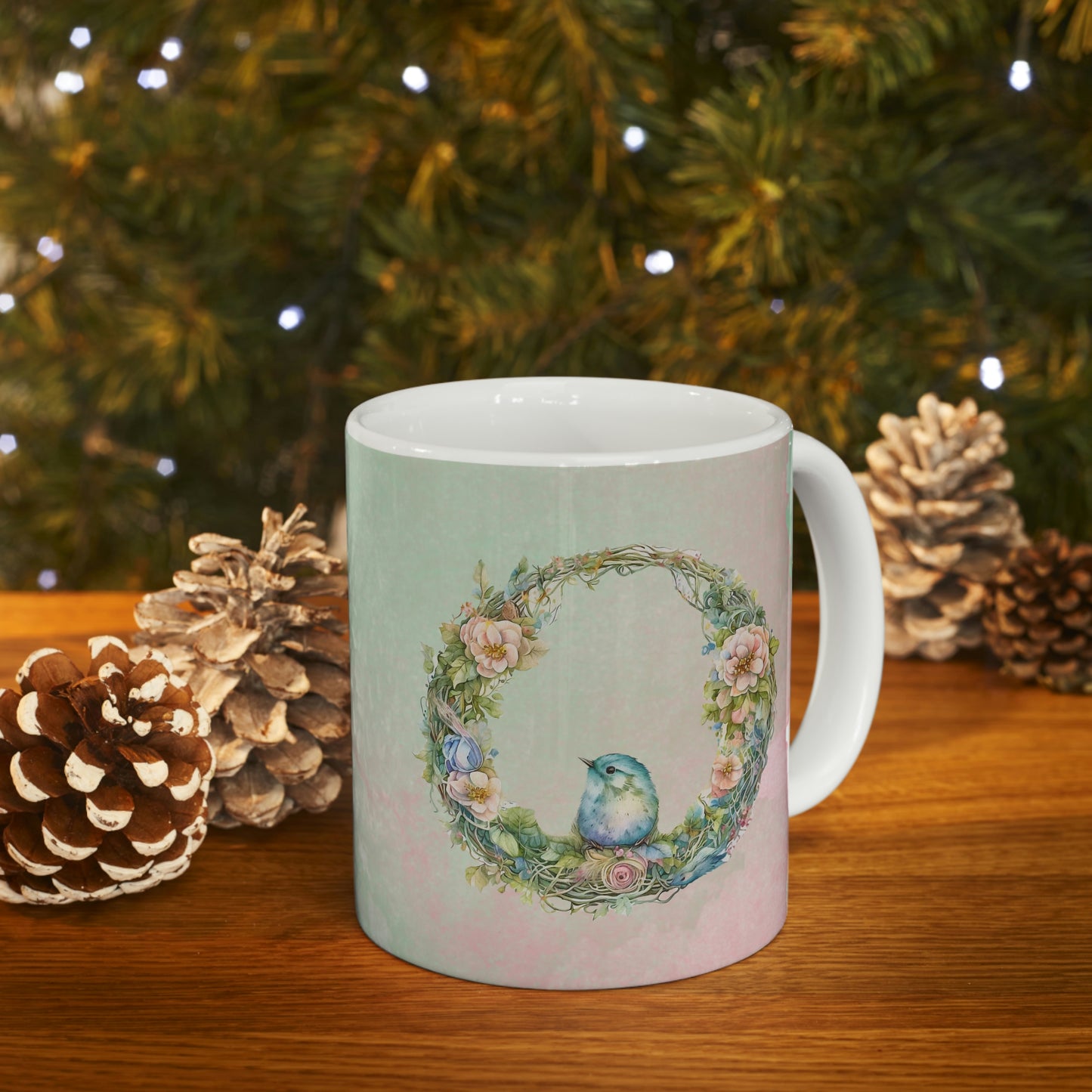 Bird in Wreath Watercolor Ceramic Mug 11oz