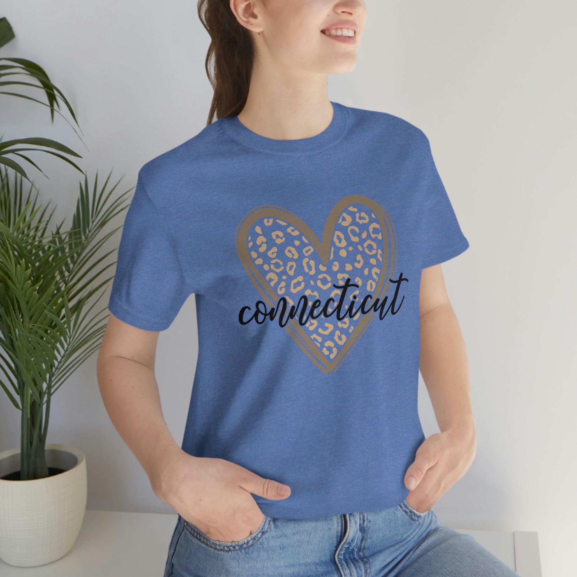 Connecticut Gold Leopard Print Heart Script Short Sleeve T-shirt