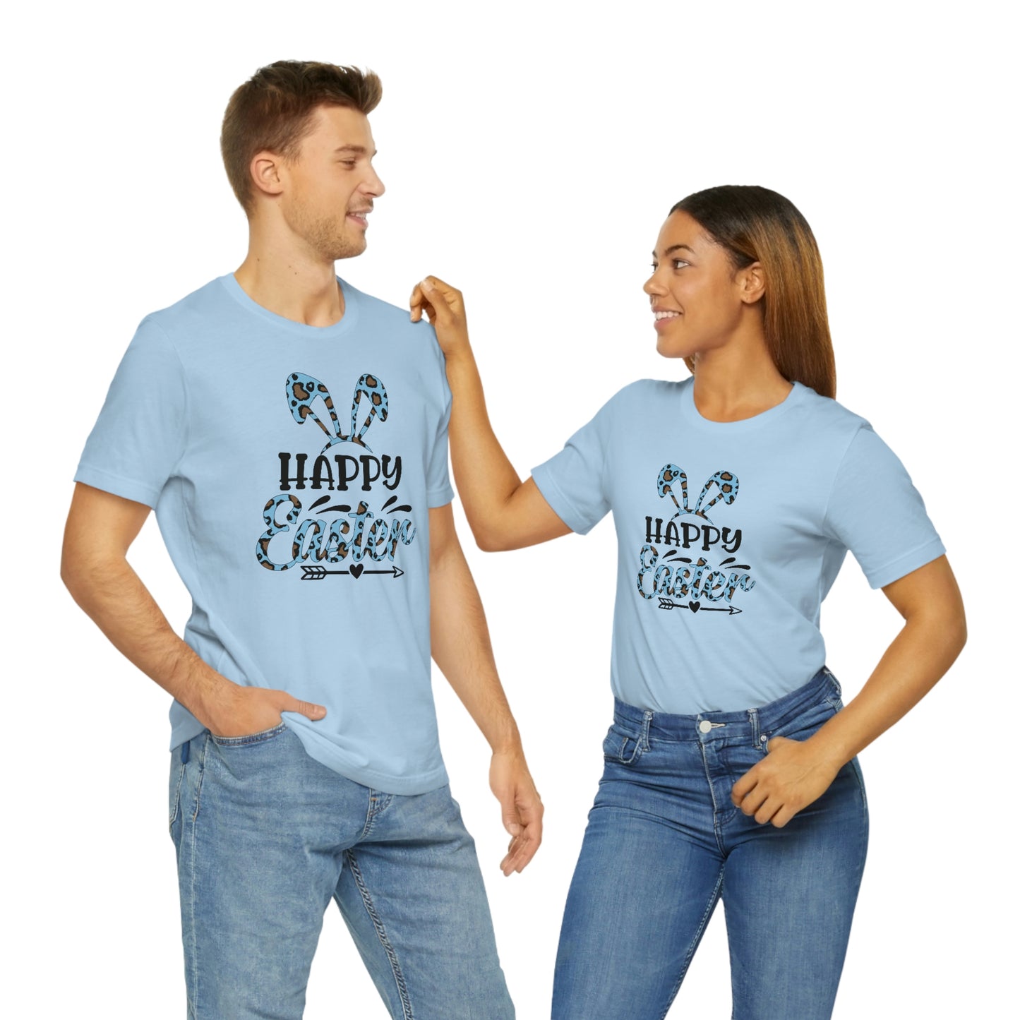 Happy Easter Bunny Ears Blue Leopard Print Unisex Jersey Short Sleeve Tee