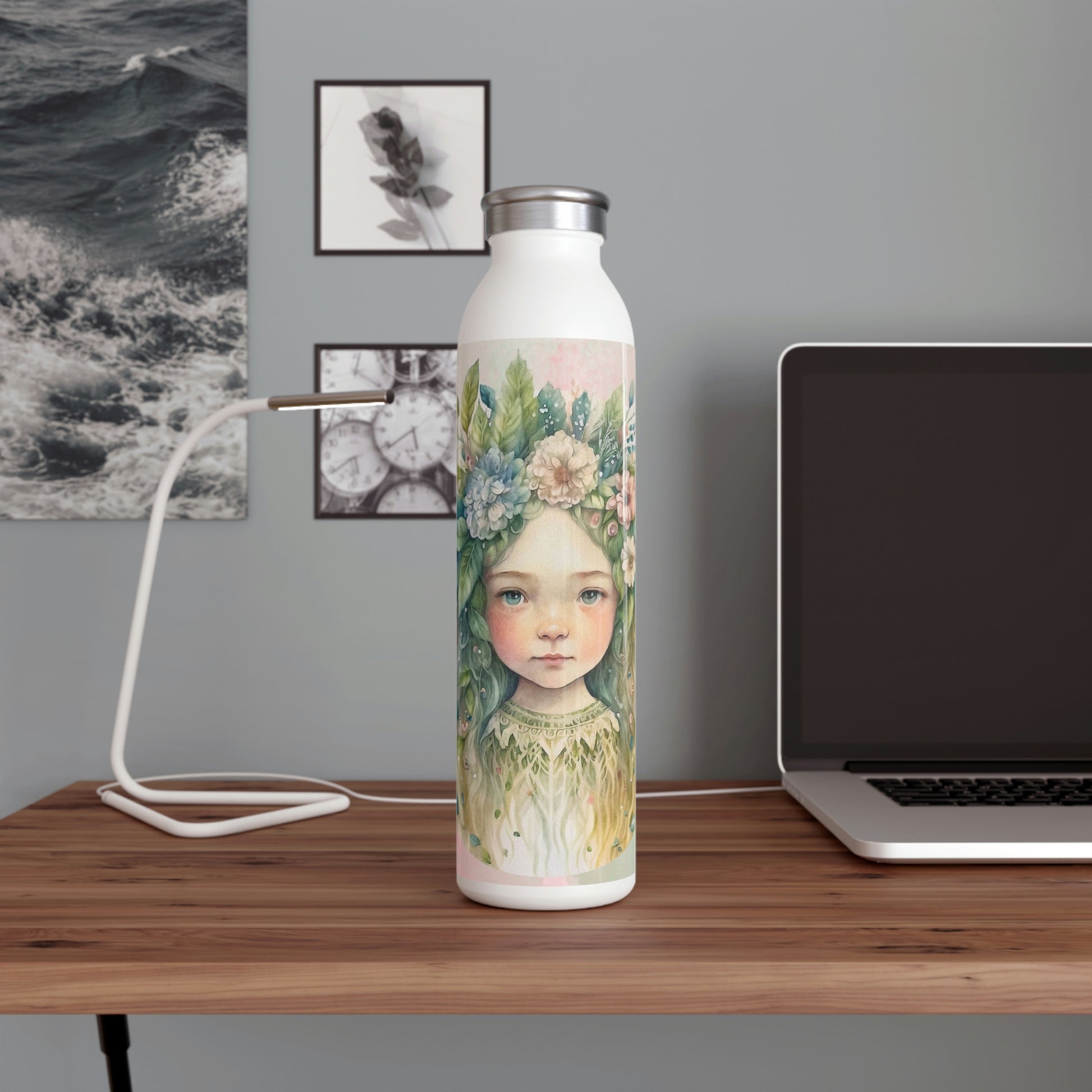 Girl Spring Flowers Watercolor Slim Water Bottle