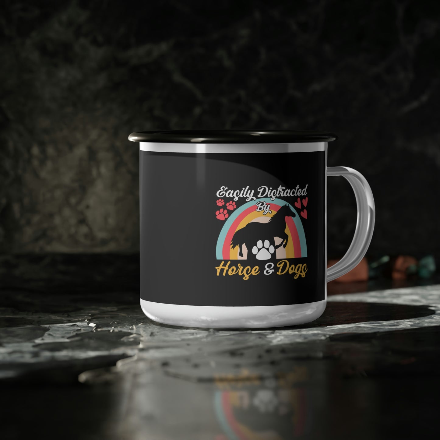 Easily Distracted Horse by Dogs Black Enamel Camp Cup