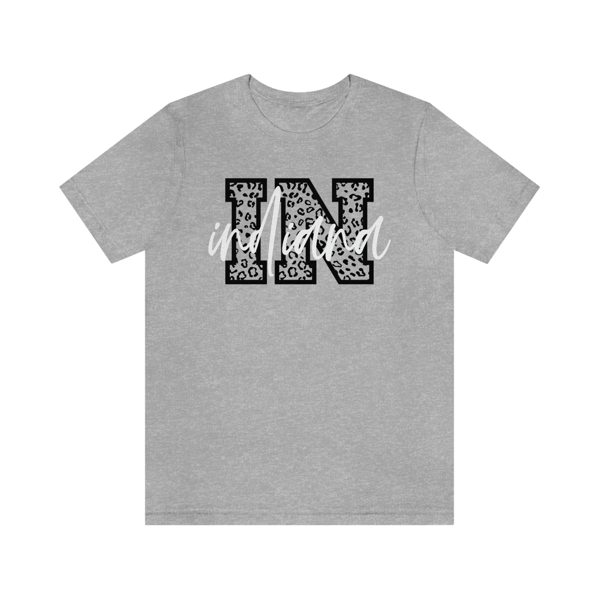 Indiana IN Leopard Print Letters White Script Short Sleeve T-shirt