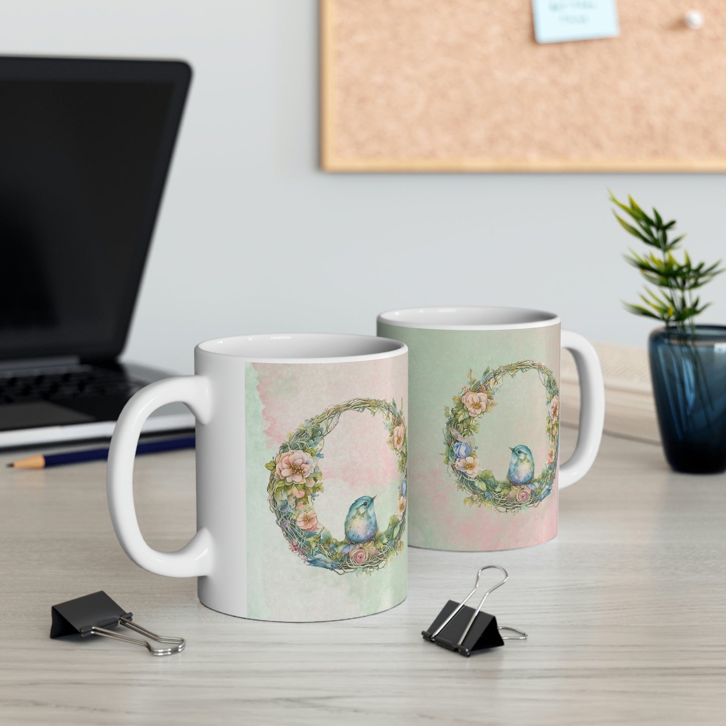 Bird in Wreath Watercolor Ceramic Mug 11oz