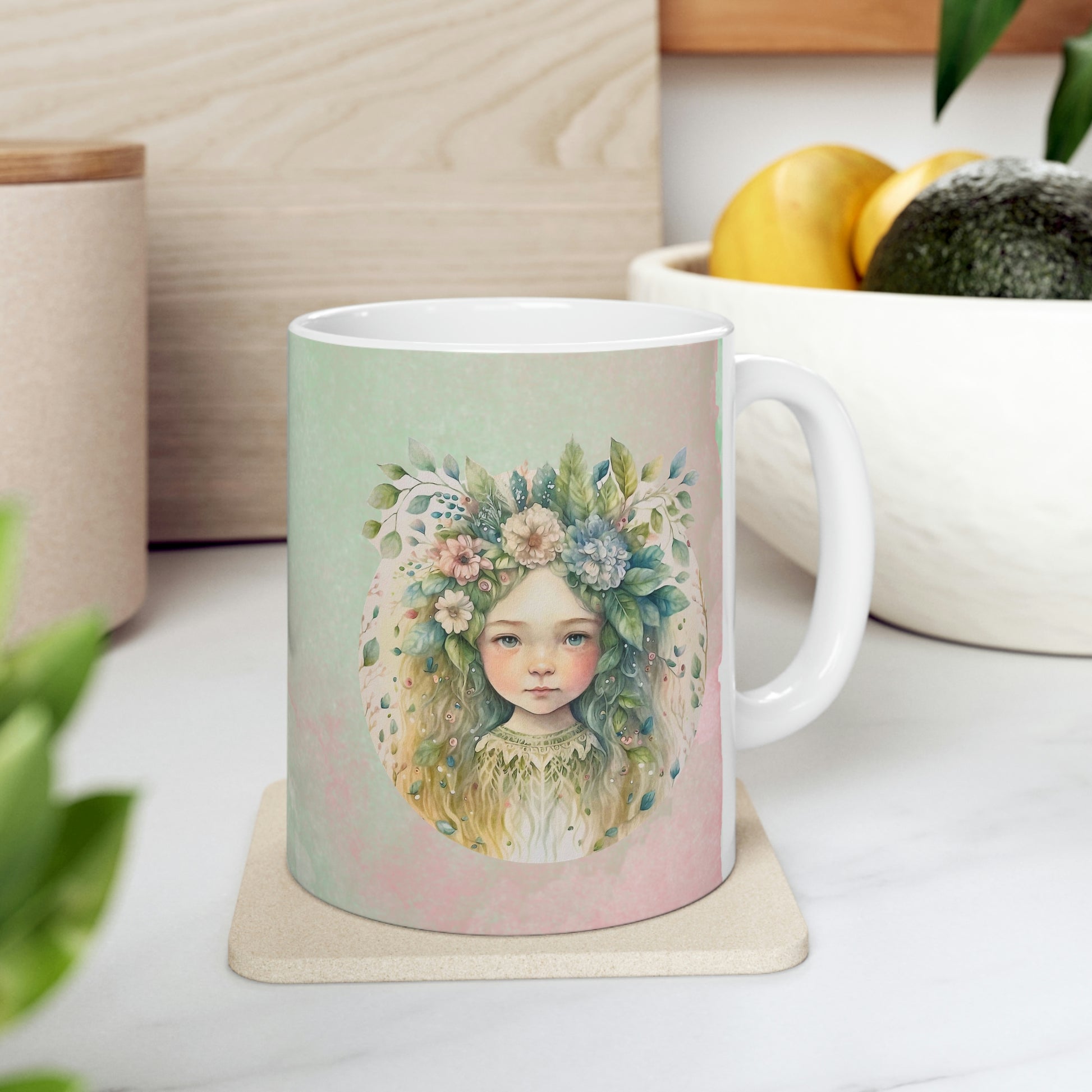 Girl in Spring Flowers Watercolor Ceramic Mug 11oz