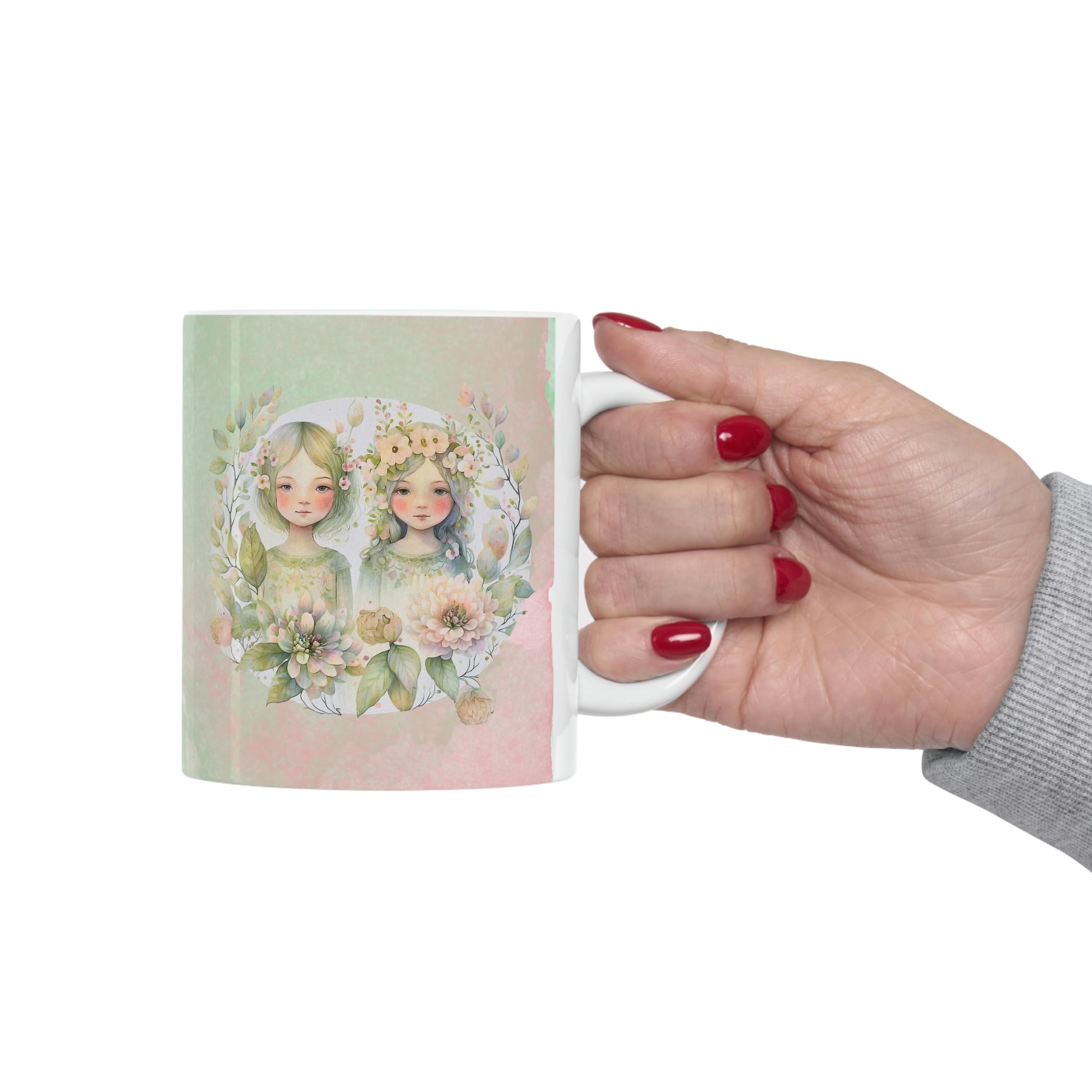 Girls in Spring Flowers Watercolor Ceramic Mug 11oz