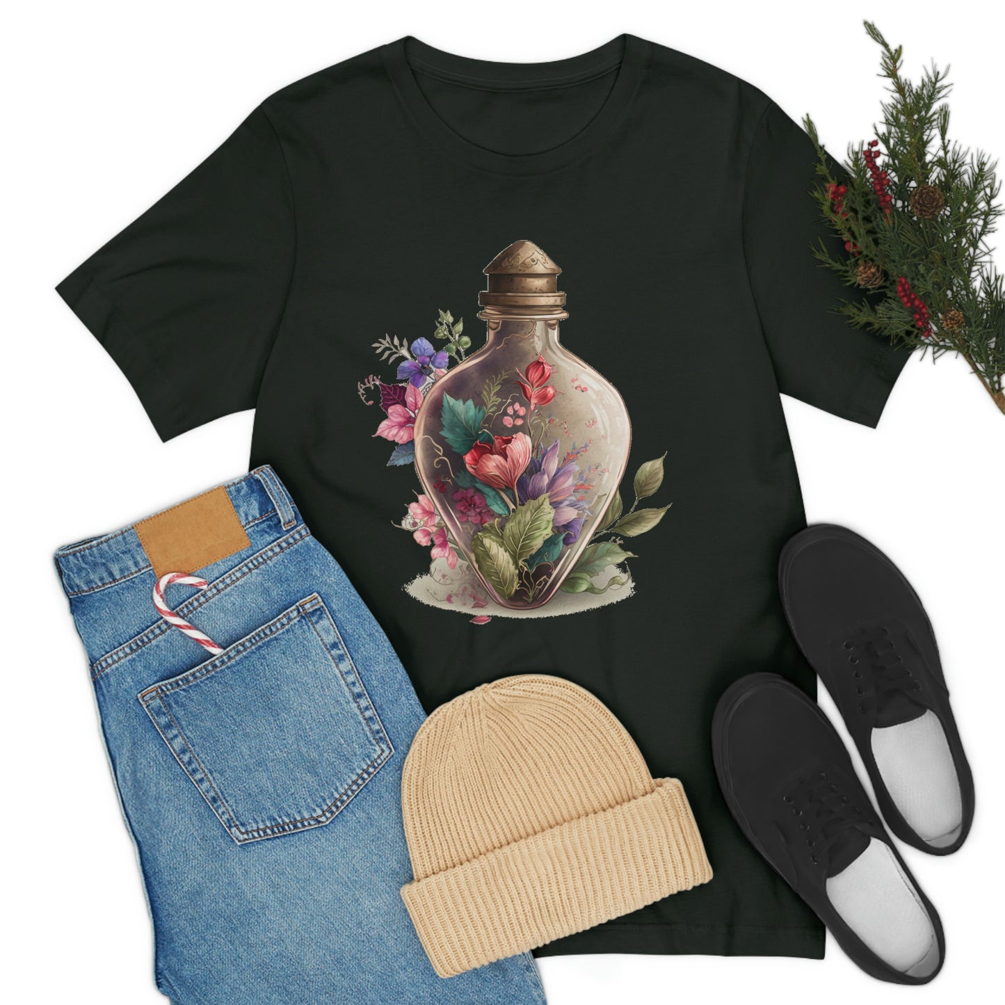 Vintage Bottle Floral Unisex Jersey Short Sleeve Tee