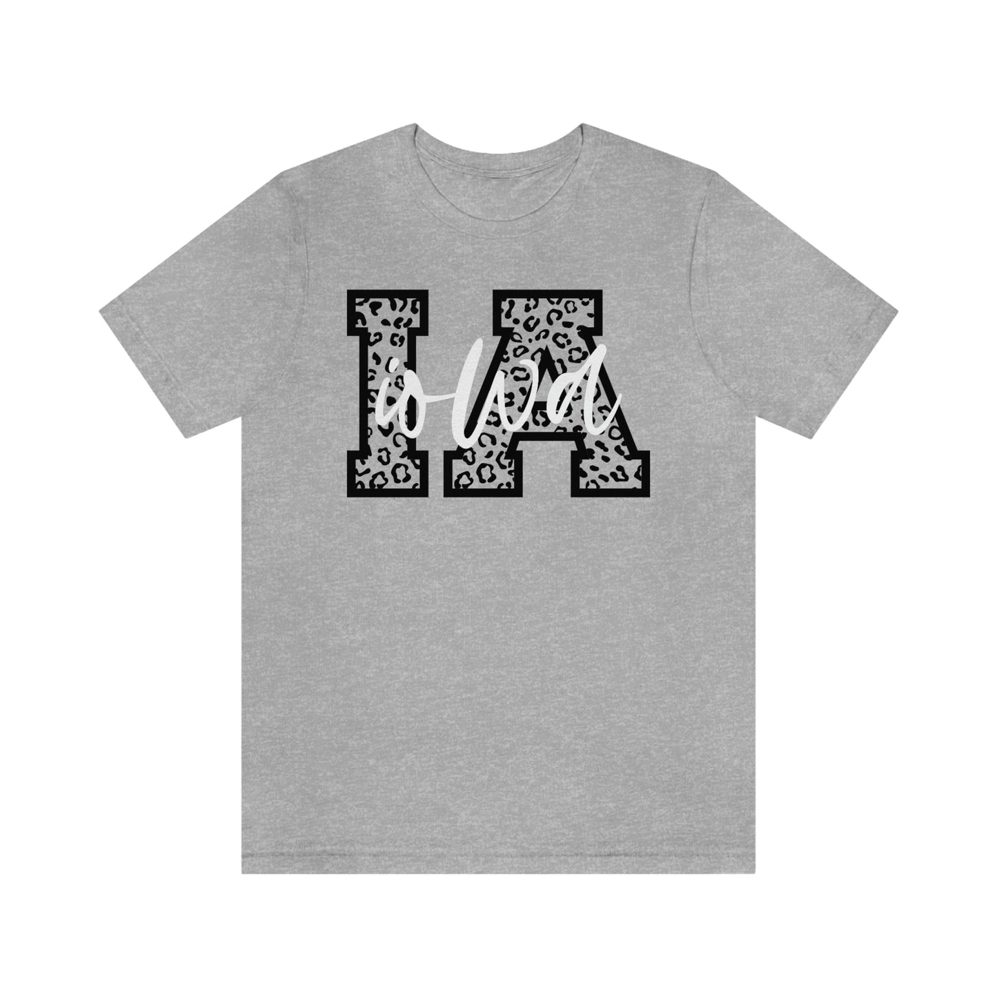 Iowa IA Leopard Print Letters White Script Short Sleeve T-shirt