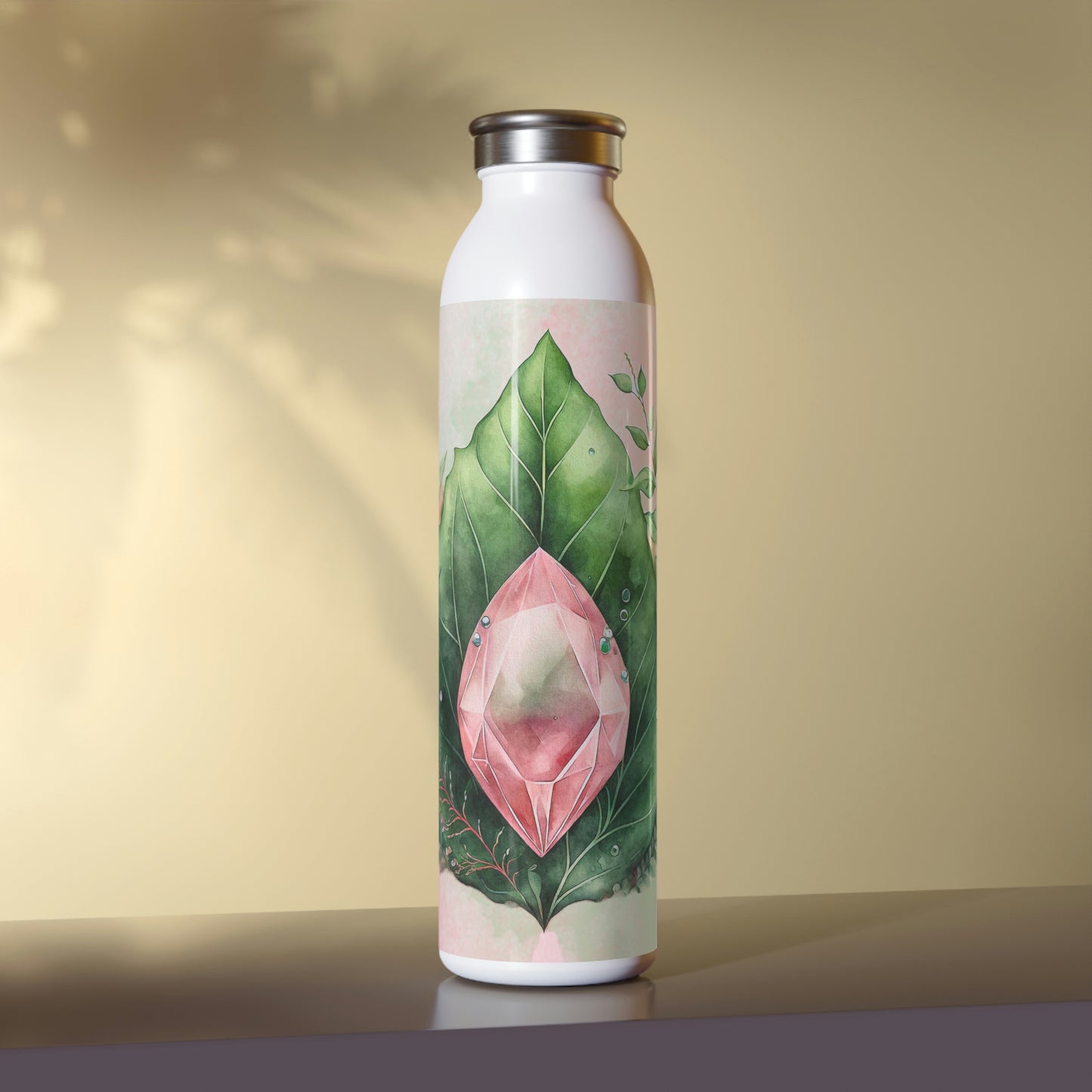 Pink Crystal on Green Leaves Watercolor Slim Water Bottle