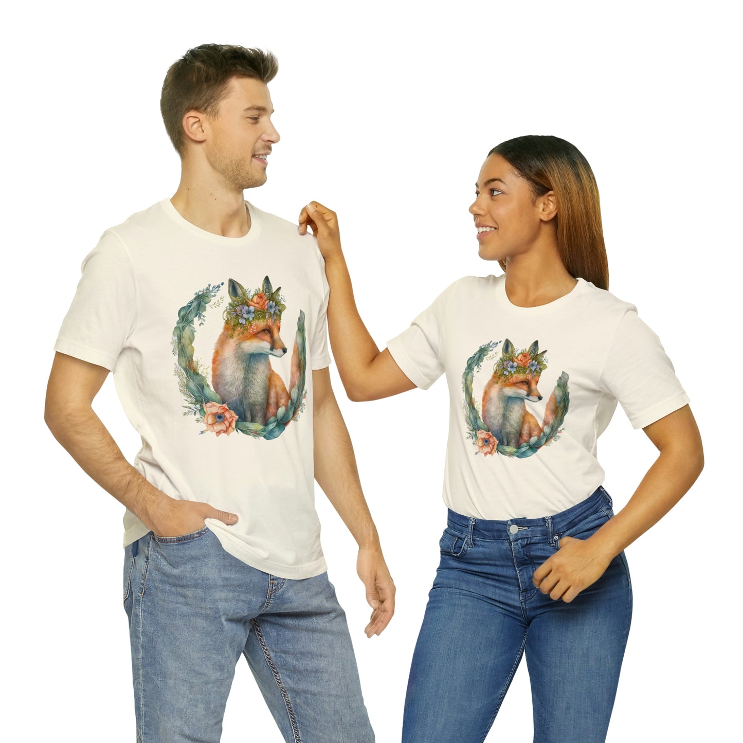 Watercolor Fox Peaking Through Wreath Short Sleeve T-shirt