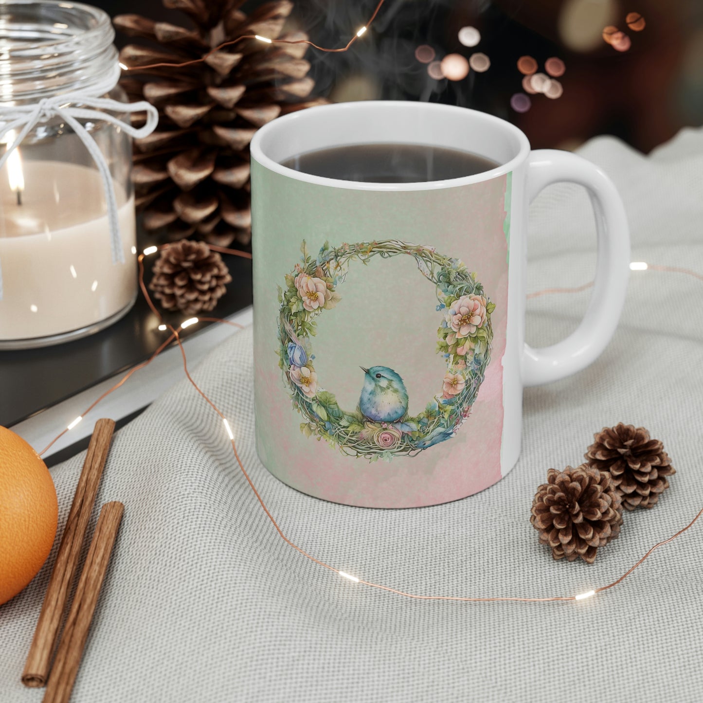 Bird in Wreath Watercolor Ceramic Mug 11oz