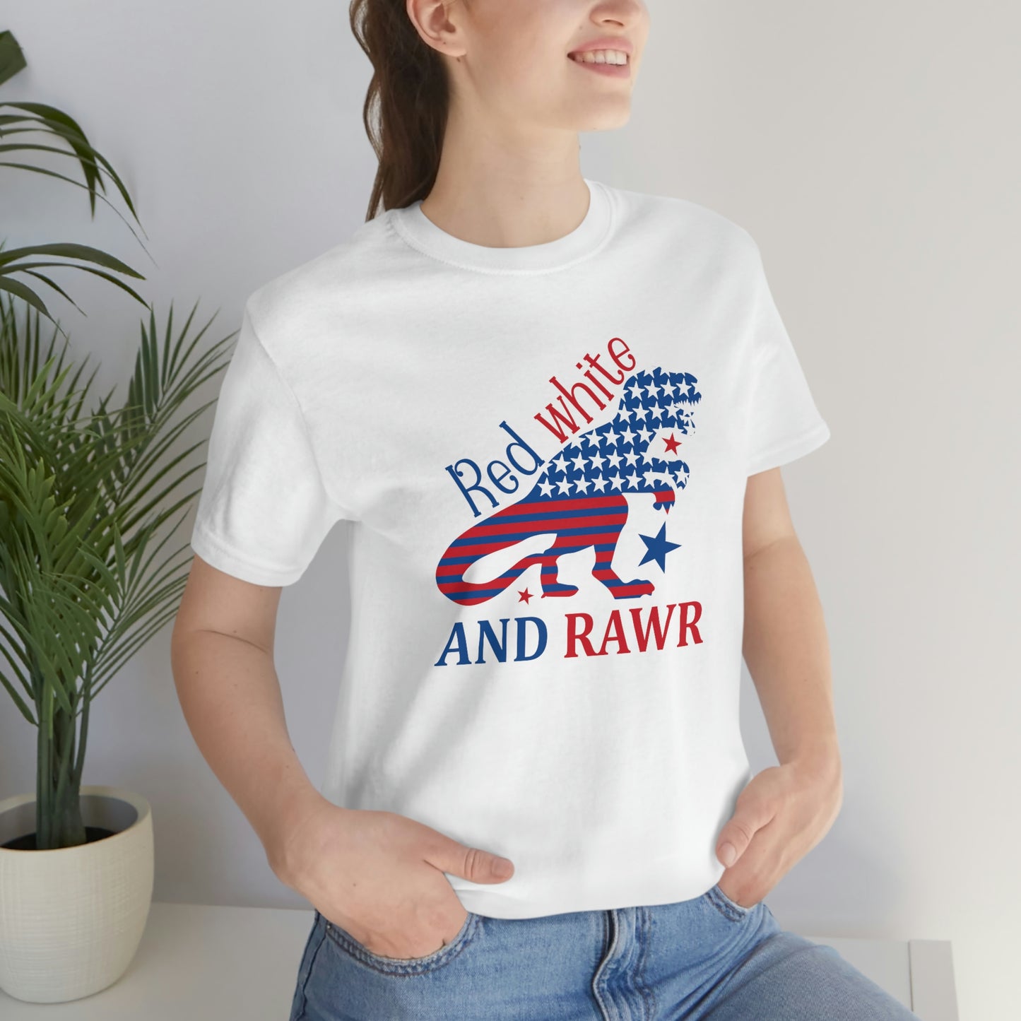 Red White Rawr Dinosaur 4th of July Unisex Jersey Short Sleeve Tee