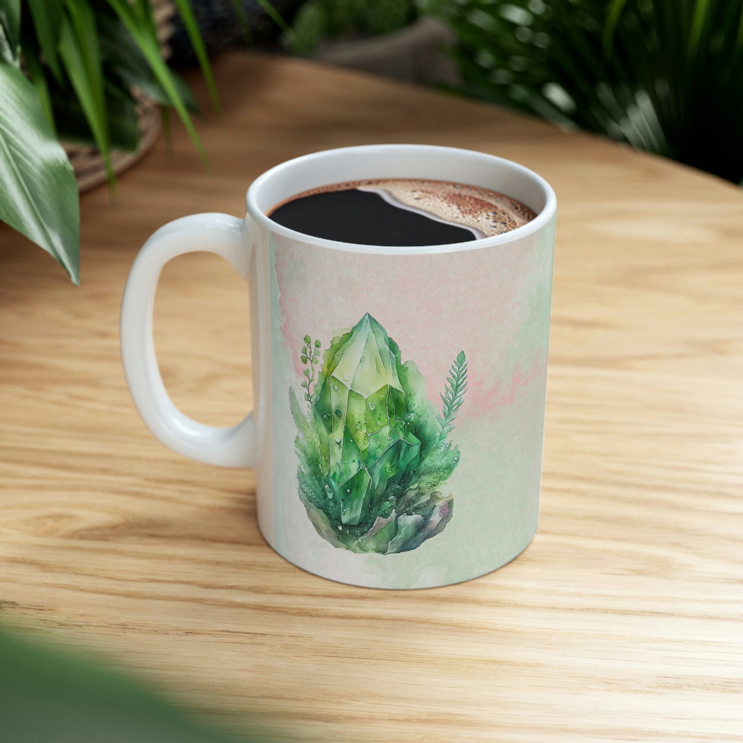 Green Crystal with Plants Watercolor Ceramic Mug 11oz