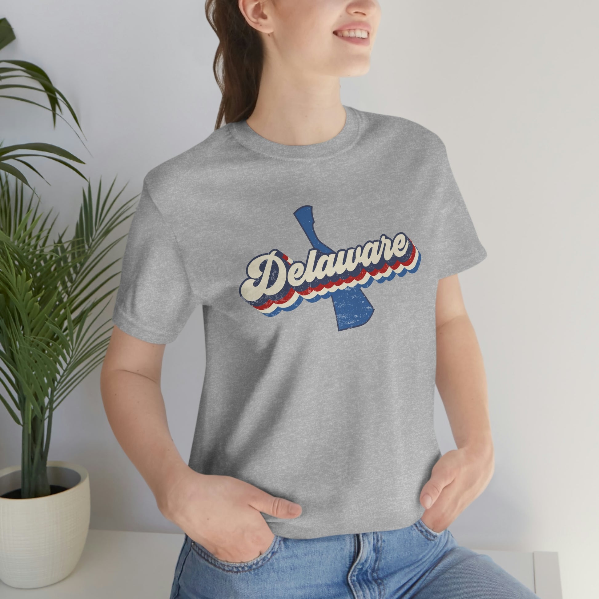 Delaware Script Red White Blue on Blue Delaware Short Sleeve T-shirt
