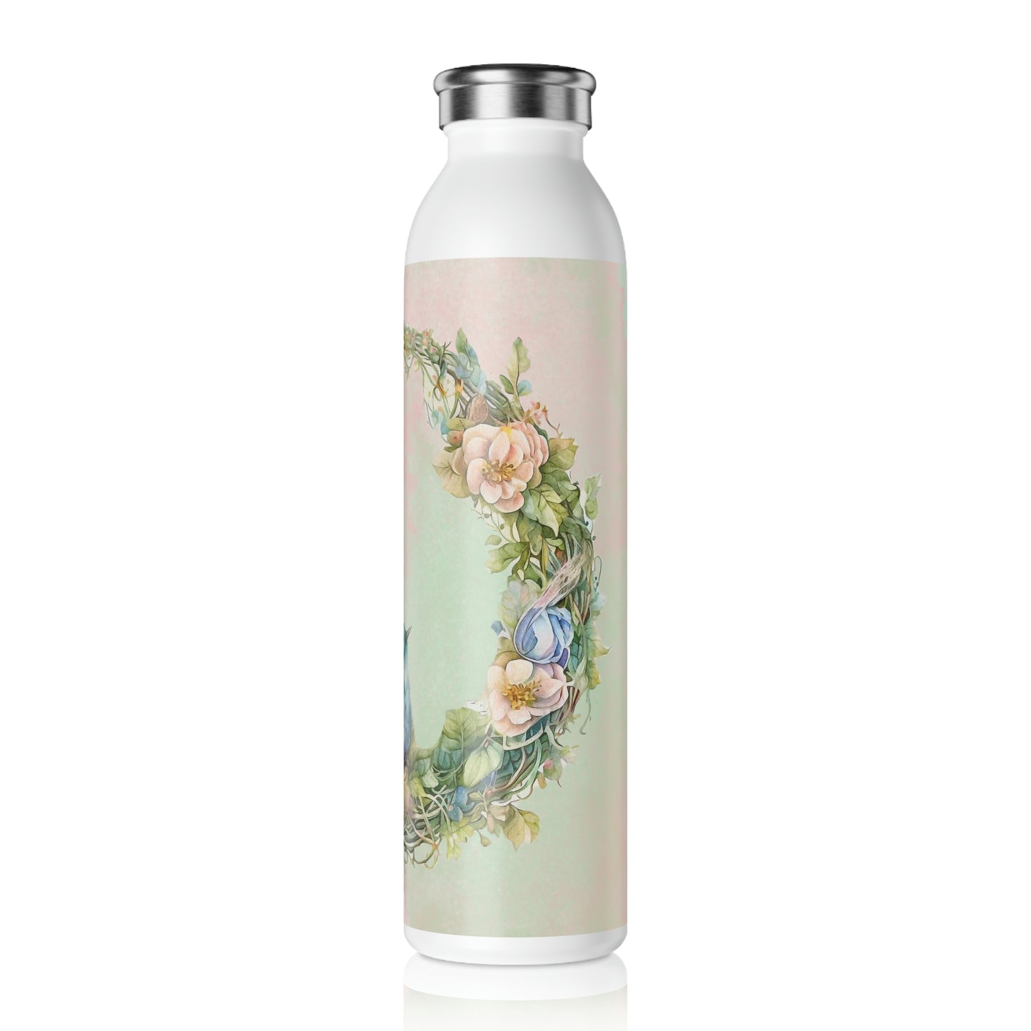 Spring Bird in Wreath Watercolor Slim Water Bottle