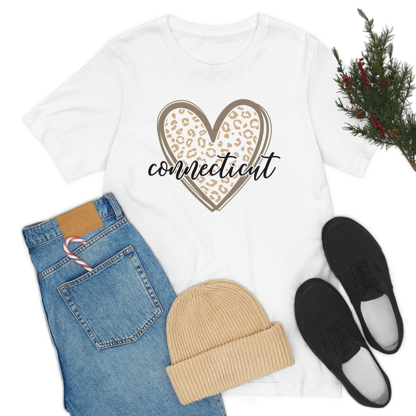 Connecticut Gold Leopard Print Heart Script Short Sleeve T-shirt