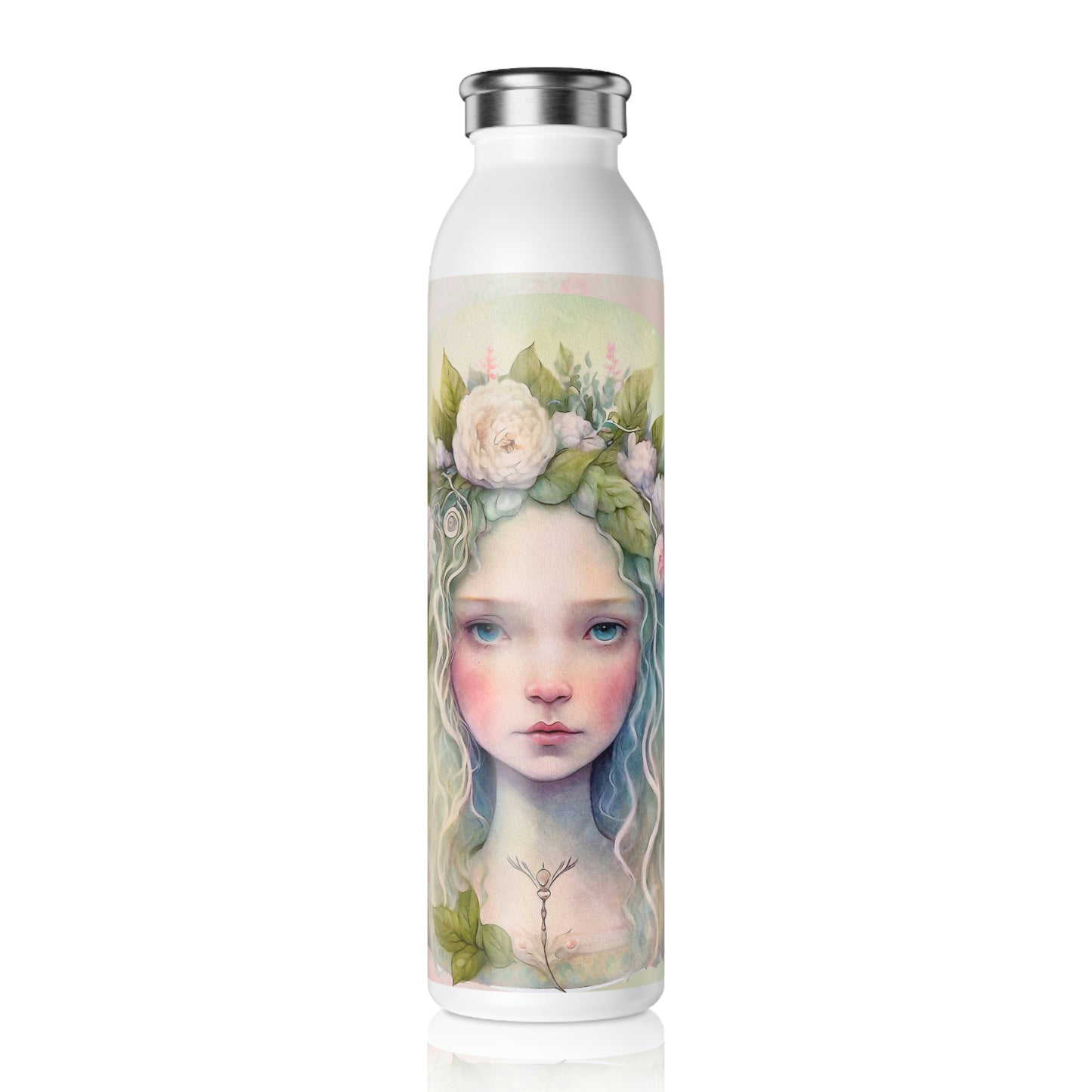 Girl Spring Flowers Watercolor Slim Water Bottle