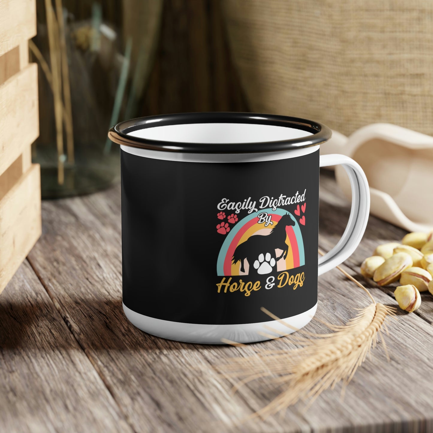 Easily Distracted Horse by Dogs Black Enamel Camp Cup